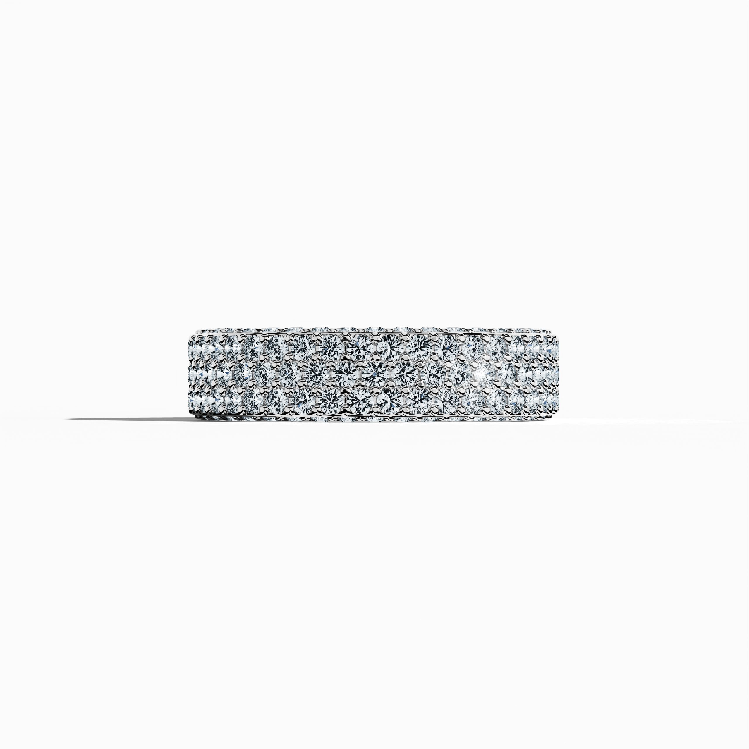 Experience the refined allure of our white gold 5‑row diamond band, impeccably captured in a sleeping front view. This masterpiece features up to 2.55 carats of micro diamonds, set with intricate precision to evoke timeless luxury and luminous sophistication. Reminiscent of renowned 4‑row designs—Classic, Vintage, Contemporary, Modern, Minimalist, Ornate, Channel‑Set—its icy brilliance and sterling finish exude global elegance. Keywords: white gold, micro diamond, luxury, refined, elegant.