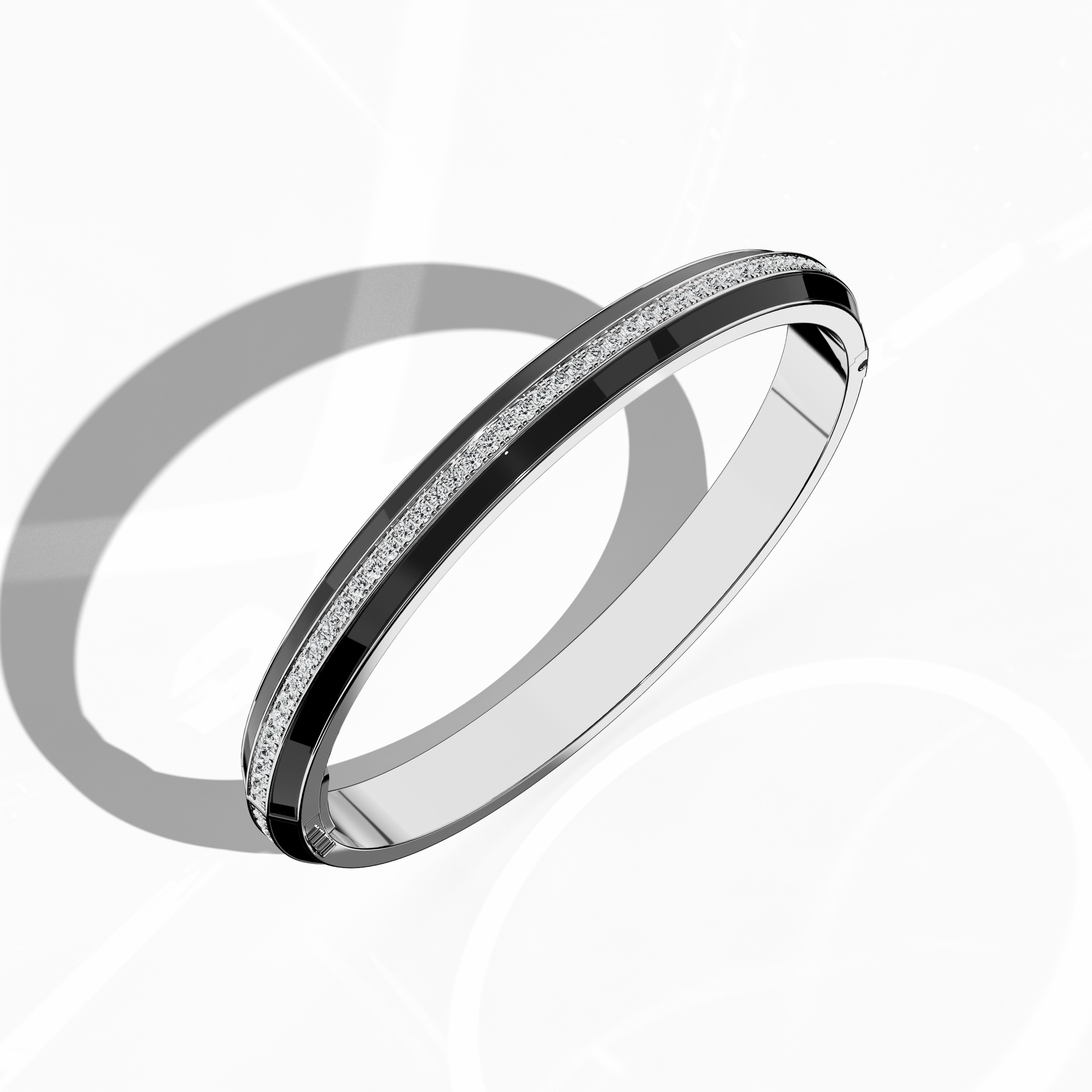 Black Enamel Paved Bangle In White Gold