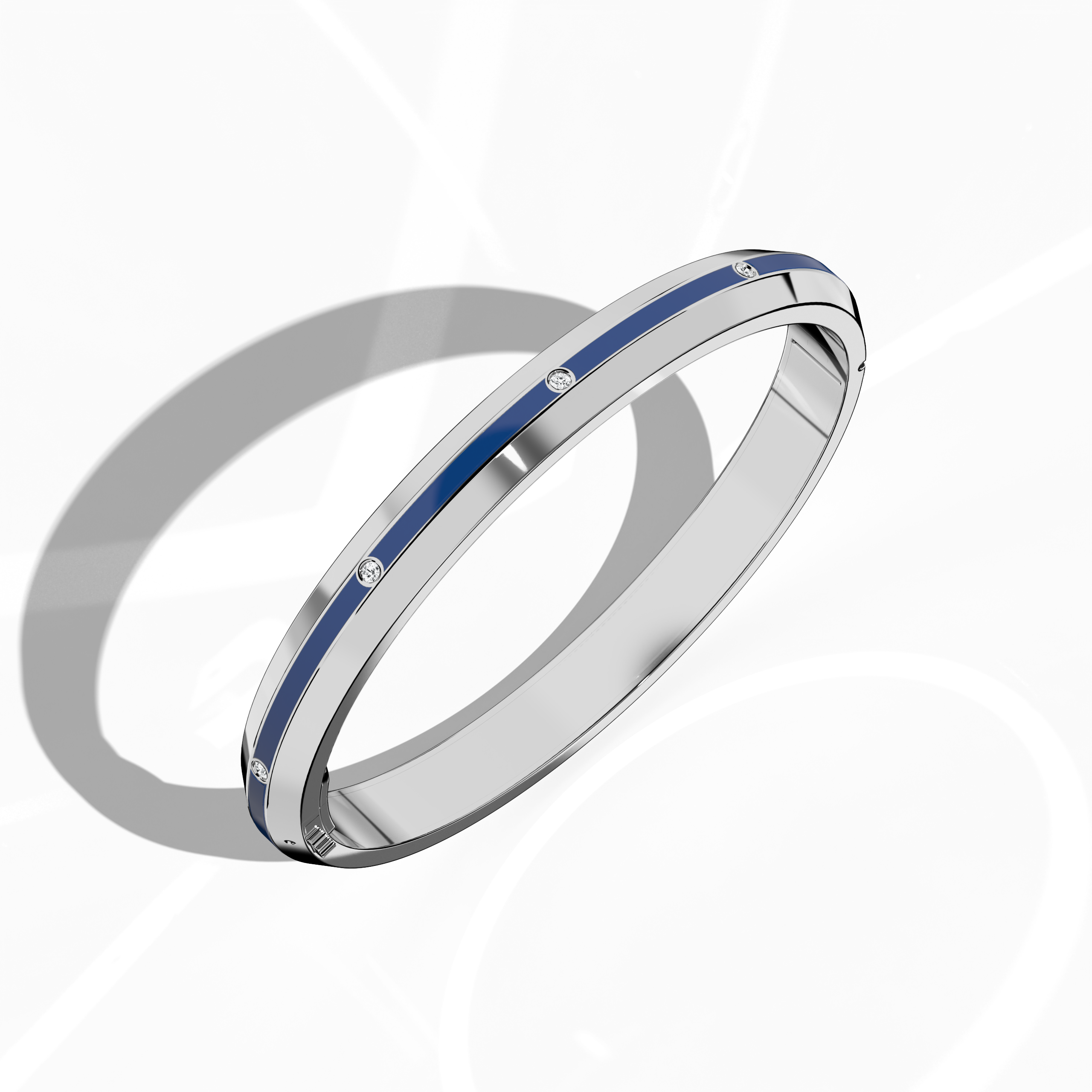 Center Step Blue Enamel 9-Diamond Bangle In White Gold