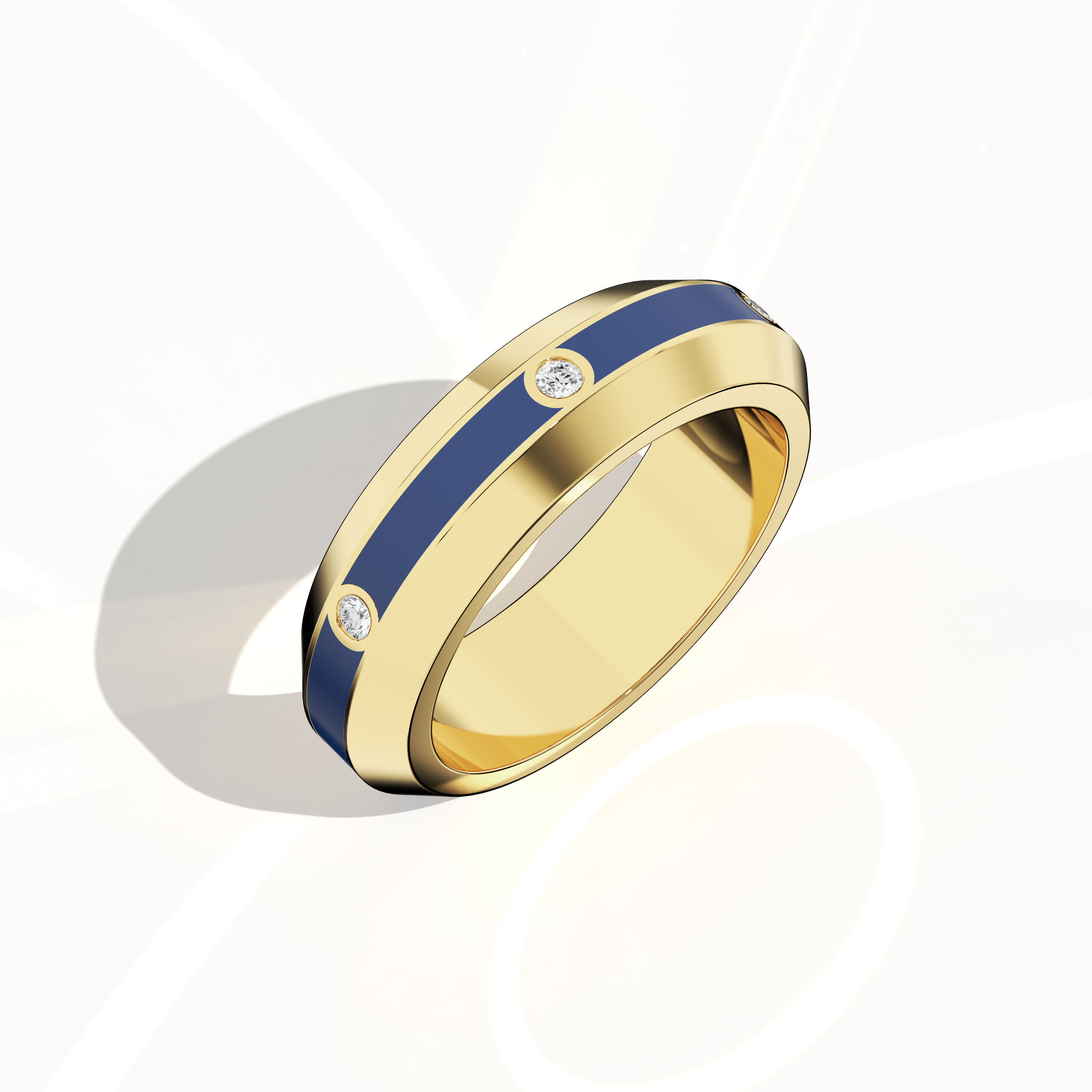 Center step Blue Enamel 6 diamond ring in Yellow Gold