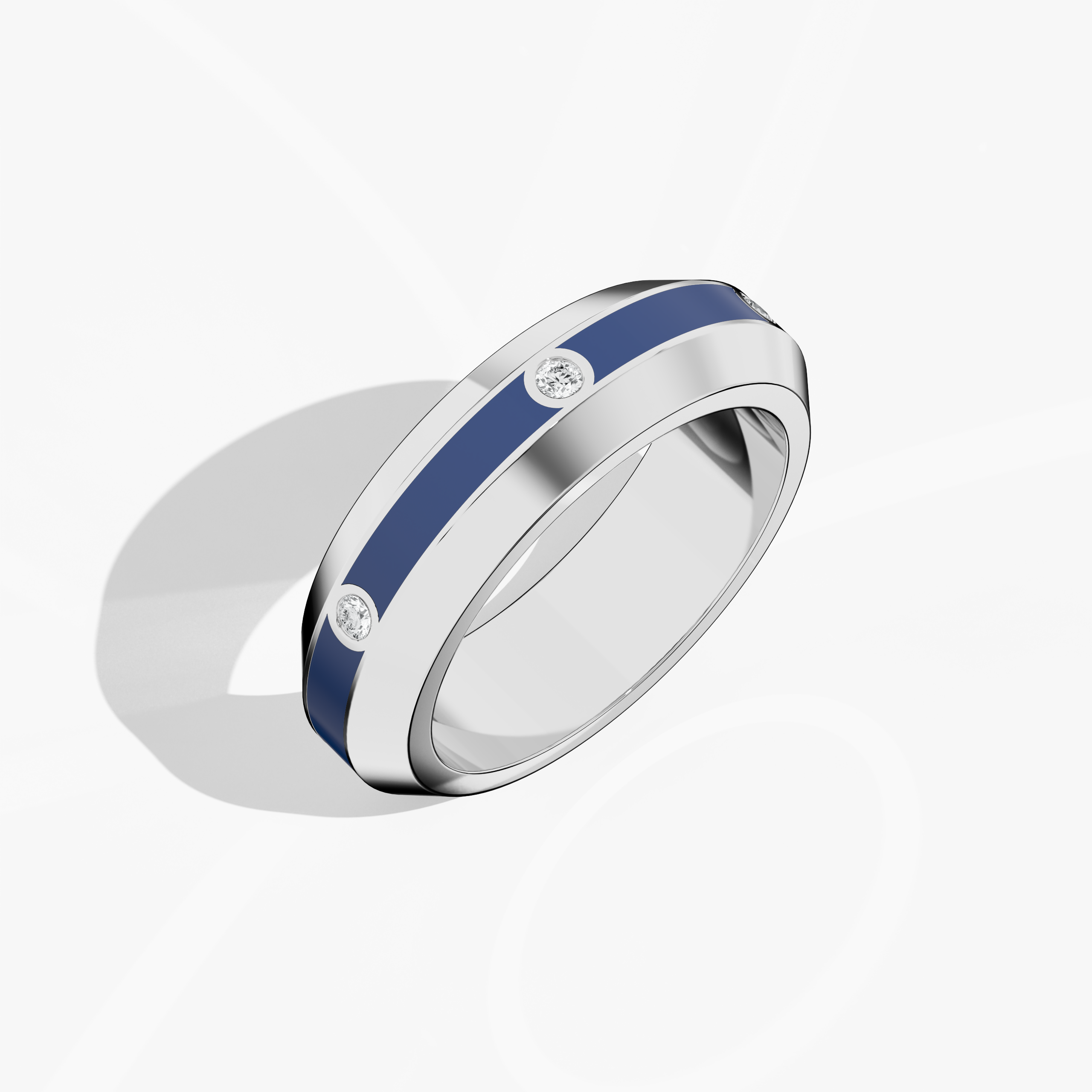 Center step Blue Enamel 6 diamond ring in White Gold