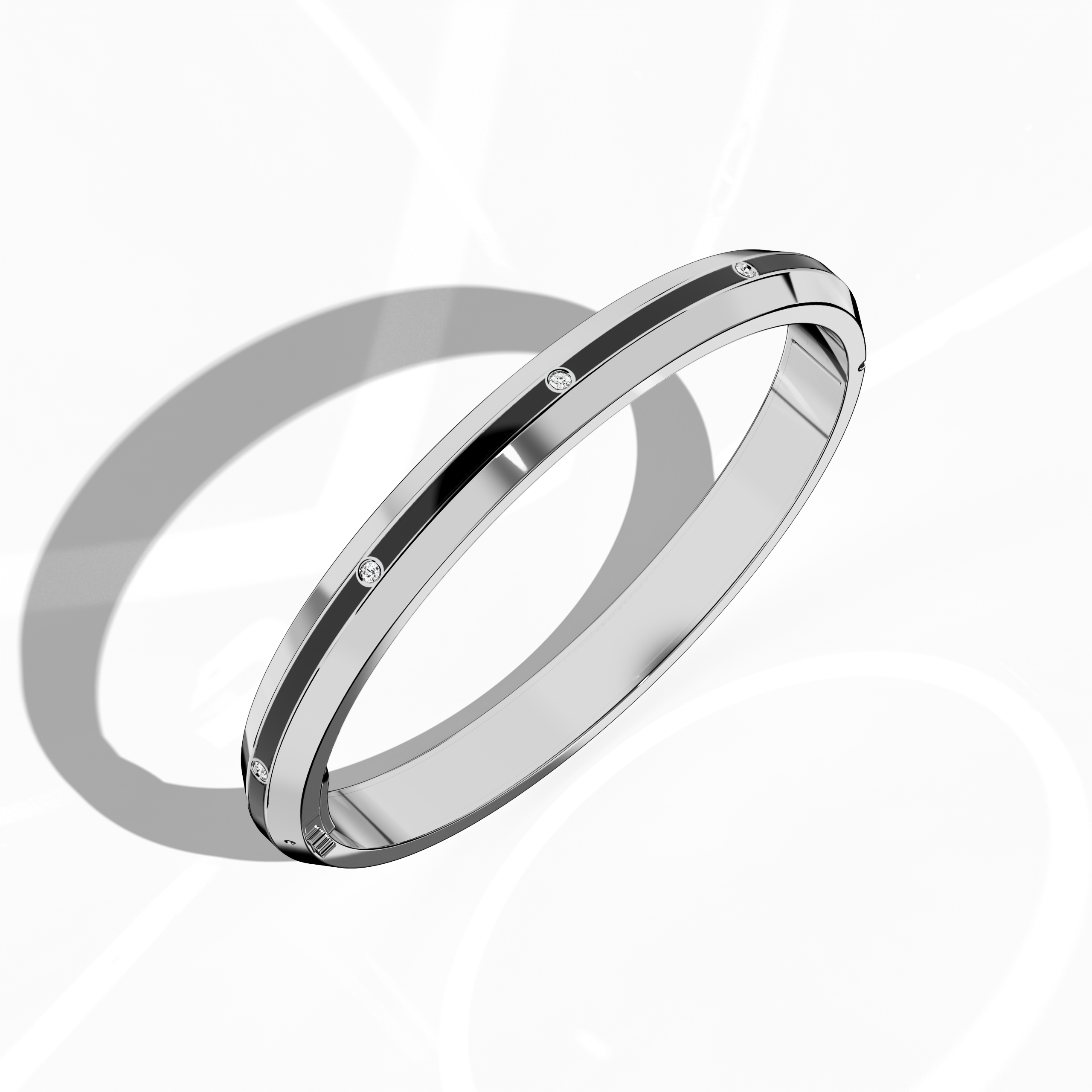 Center Step Black Enamel 9-Diamond Bangle In White Gold