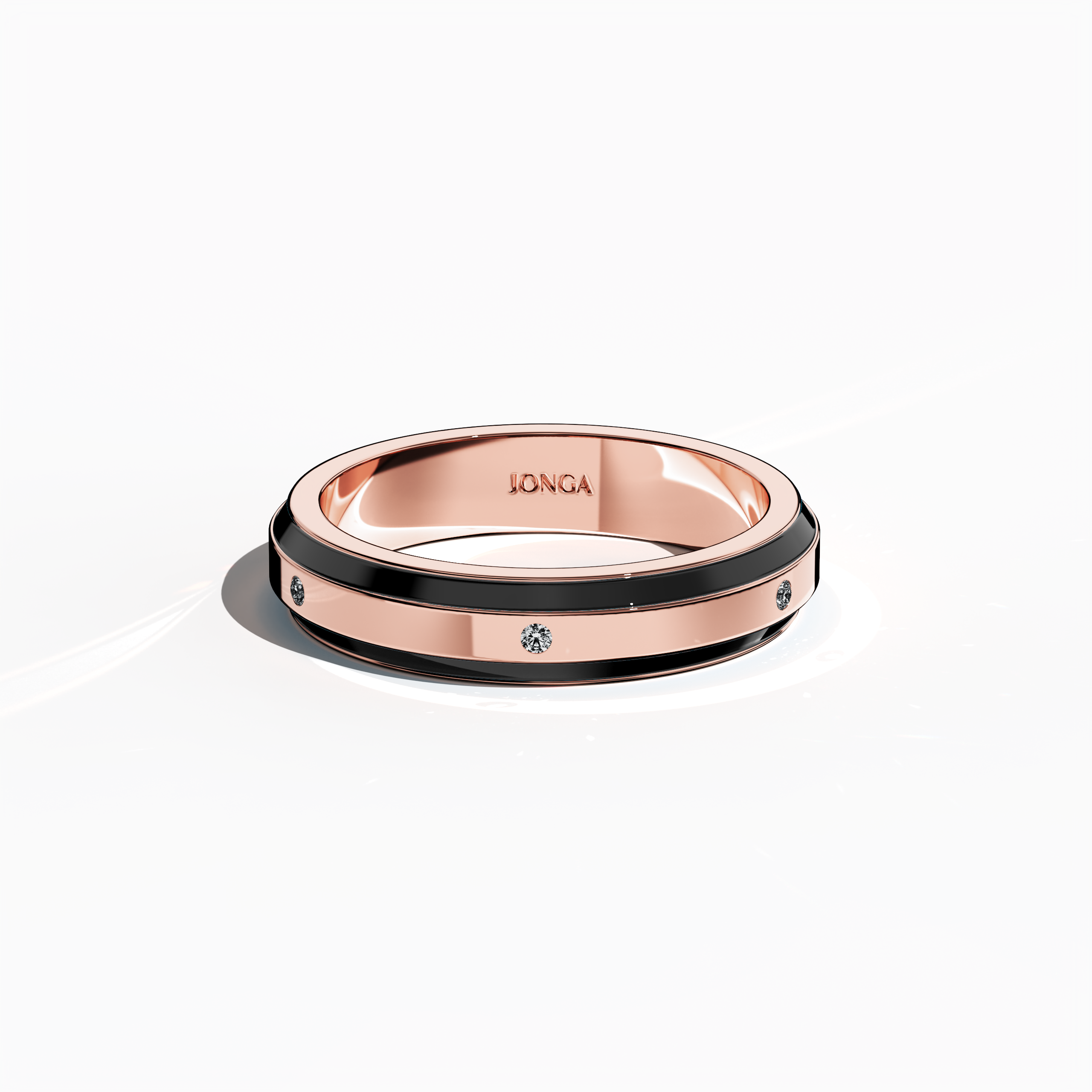 Viewed from a sleeping front top angle, this captivating six diamond enamel ring in lustrous rose gold with rich black enamel displays an exquisite interplay of warmth and dramatic contrast. The band’s seamless center line, set with six brilliant diamonds (up to 0.05 carat total), is enhanced by a high-gloss enamel finish that accentuates every detail. Bearing design names Elegant Fusion, Modern Radiance, Timeless Chic, Luxe Harmony, Classic Splendor, and Contemporary Brilliance.