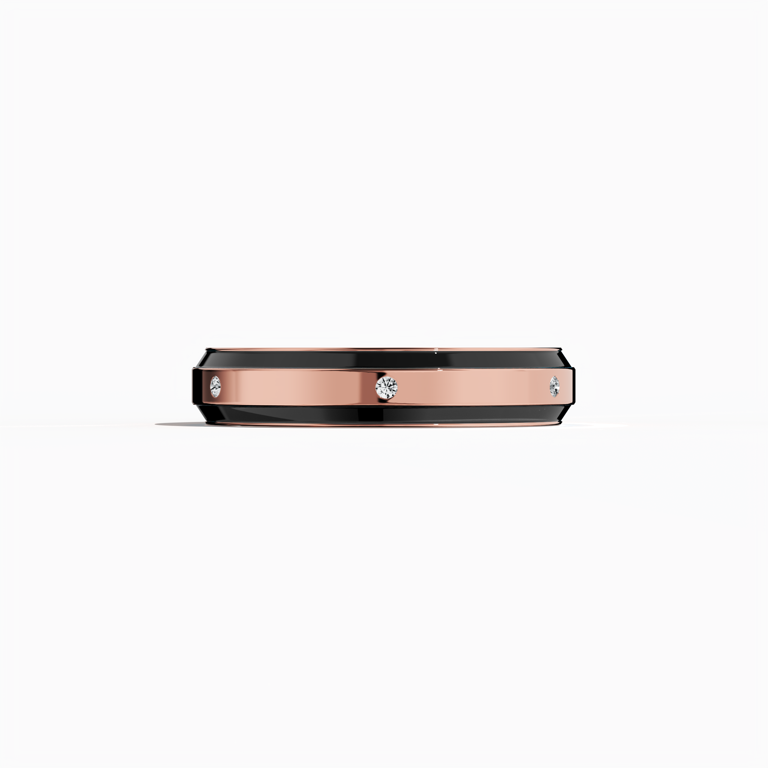 Captured in a delicate sleeping front view, this elegant six diamond enamel ring in warm rose gold with deep black enamel radiates a unique blend of softness and bold contrast. The intricately designed band, adorned with six radiant diamonds totaling up to 0.05 carat along its center line, is finished in a glossy polish that elevates its refined details. Recognized as Elegant Fusion, Modern Radiance, Timeless Chic, Luxe Harmony, Classic Splendor, and Contemporary Brilliance, rose gold (blush or pink gold) 