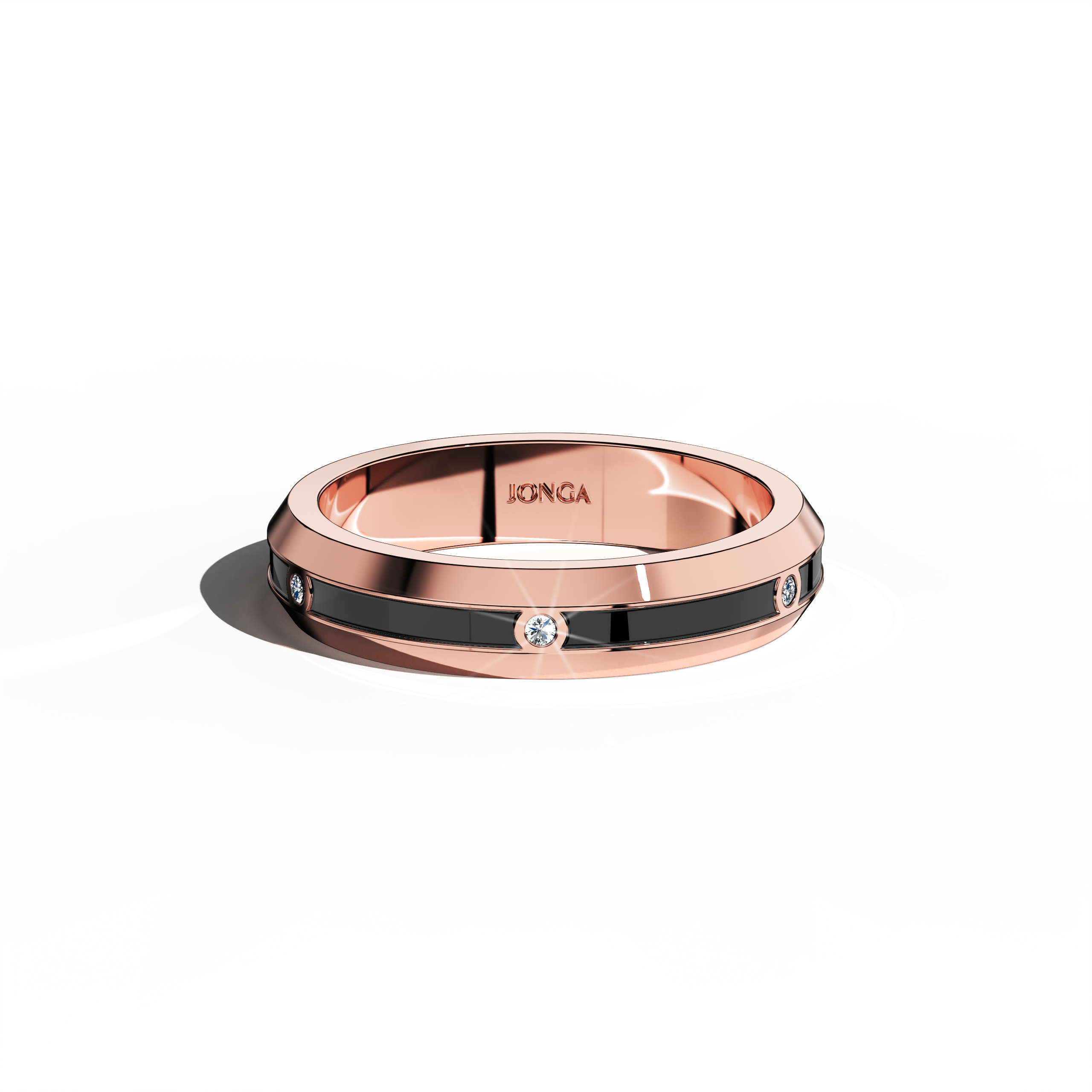 In a serene sleeping front top view, the rose gold ring reveals a harmonious design with six finely aligned diamonds (totaling 0.06 carats) along a sleek band, accented by a deep black glossy enamel finish. Known as “Timeless Radiance,” “Celestial Emblem,” and “Eternal Sparkle,” and acknowledged by alternative international rose gold names, the design emanates refined luxury and modern artisanal charm. Keywords: refined, stylish, modern, classic, elegant.