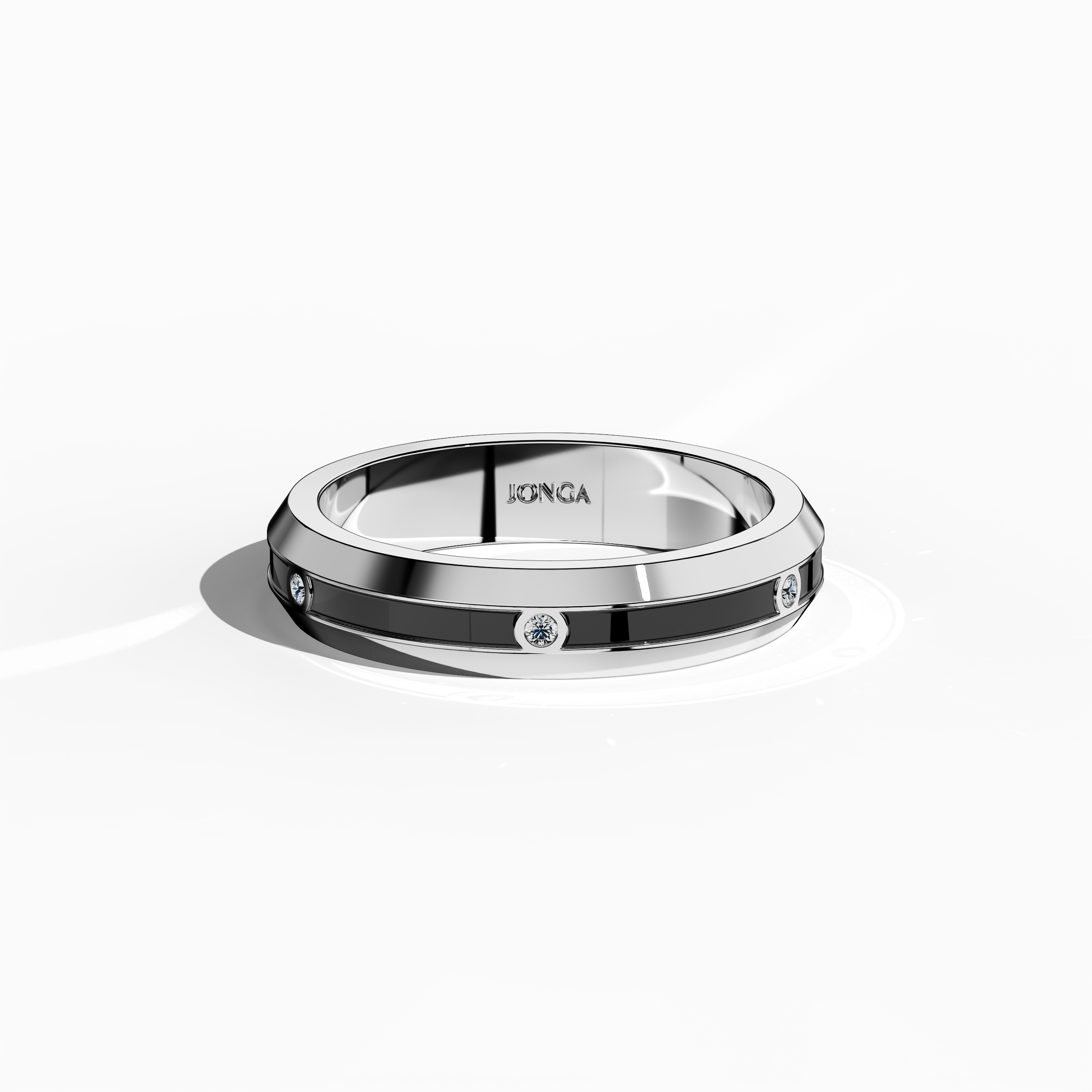 Displayed from an overhead sleeping front top view, this exquisite white gold ring boasts a sleek band with six finely set diamonds (0.06 carats total) and a bold black glossy enamel surface that radiates sophistication. Celebrated as “Timeless Radiance,” “Celestial Emblem,” and “Eternal Sparkle,” it also carries alternative gold names such as “Auric White,” merging international design lexicons with contemporary elegance. Keywords: modern, stylish, luxury, refined, artisanal.