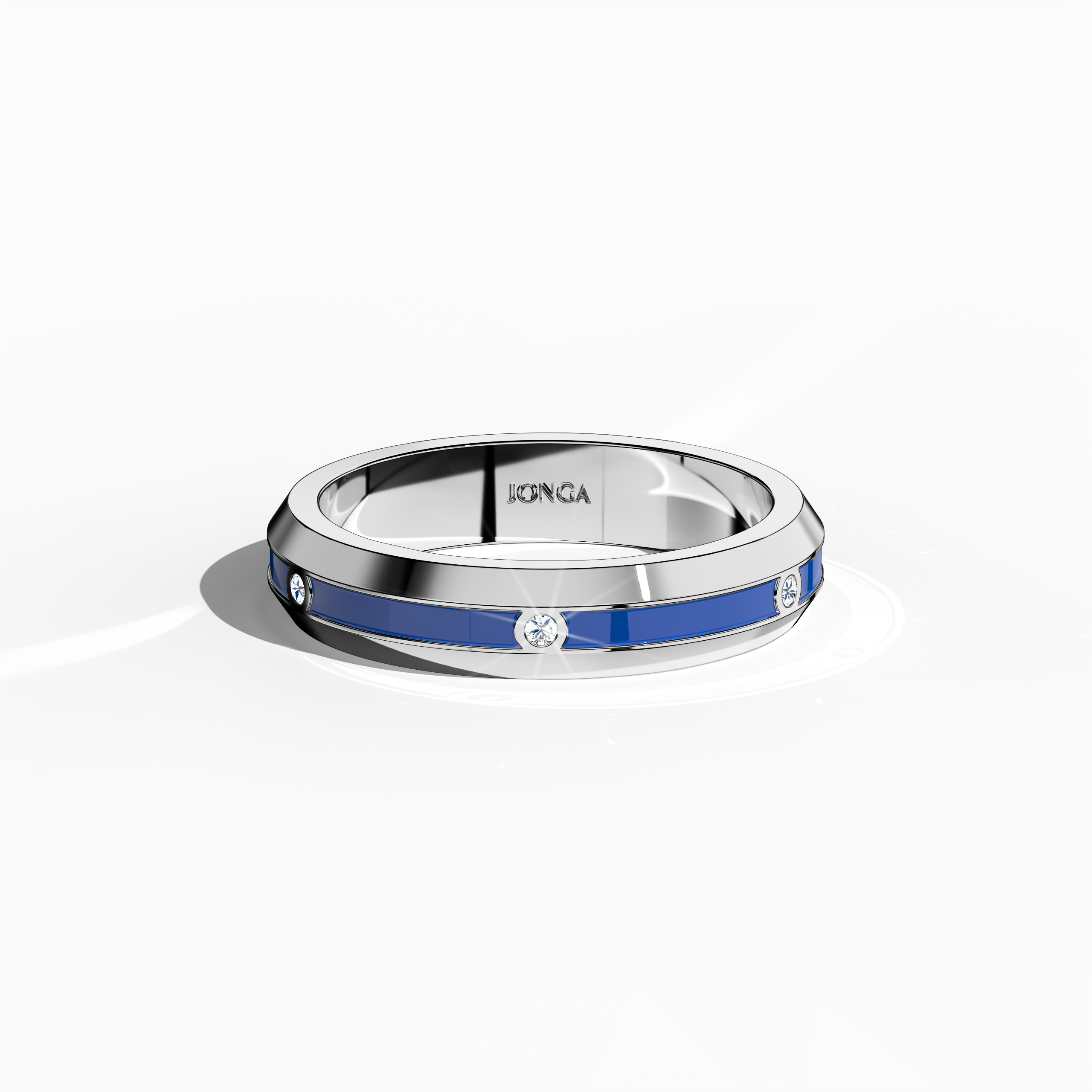 From a refined sleeping front top view, this white gold ring exhibits a meticulously crafted band featuring six set diamonds (totaling 0.06 carats) and an arresting blue glossy enamel surface that exudes vibrant allure. Celebrated as “Timeless Radiance,” “Celestial Emblem,” and “Eternal Sparkle,” with alternative gold nomenclature like “Auric White,” the design embodies high-end luxury and modern artistry. Keywords: stylish, modern, luxe, elegant, artistic.