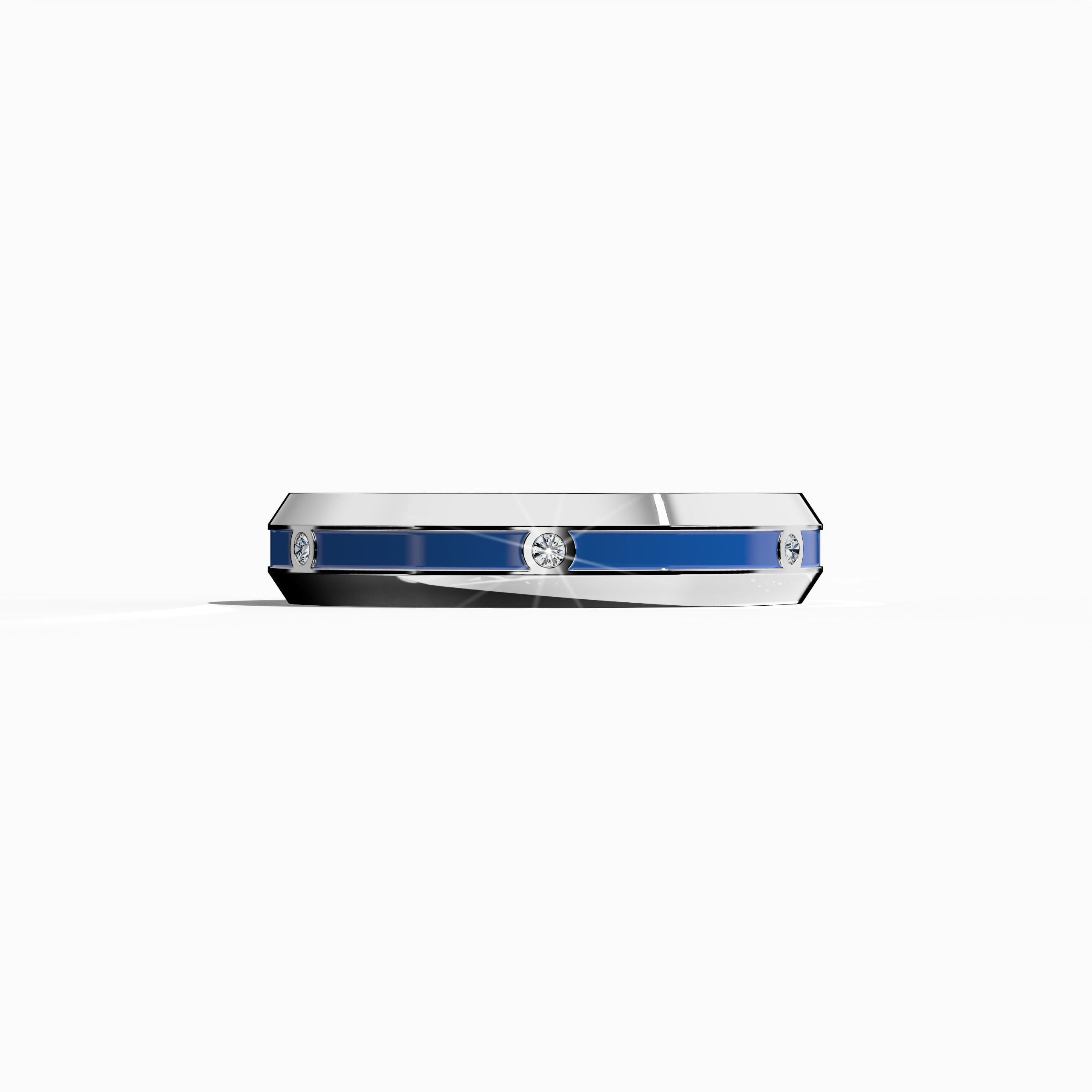 Showcasing a pristine white gold six diamond center step enamel ring, this sleeping front view highlights a luminous band with six delicately aligned diamonds (0.06 carats total) paired with a captivating blue glossy enamel finish. Revered as “Timeless Radiance,” “Celestial Emblem,” and “Eternal Sparkle,” and known by alternate gold designations such as “Auric White,” the ring radiates modern elegance and refined artistry. Keywords: elegant, chic, contemporary, refined, striking.