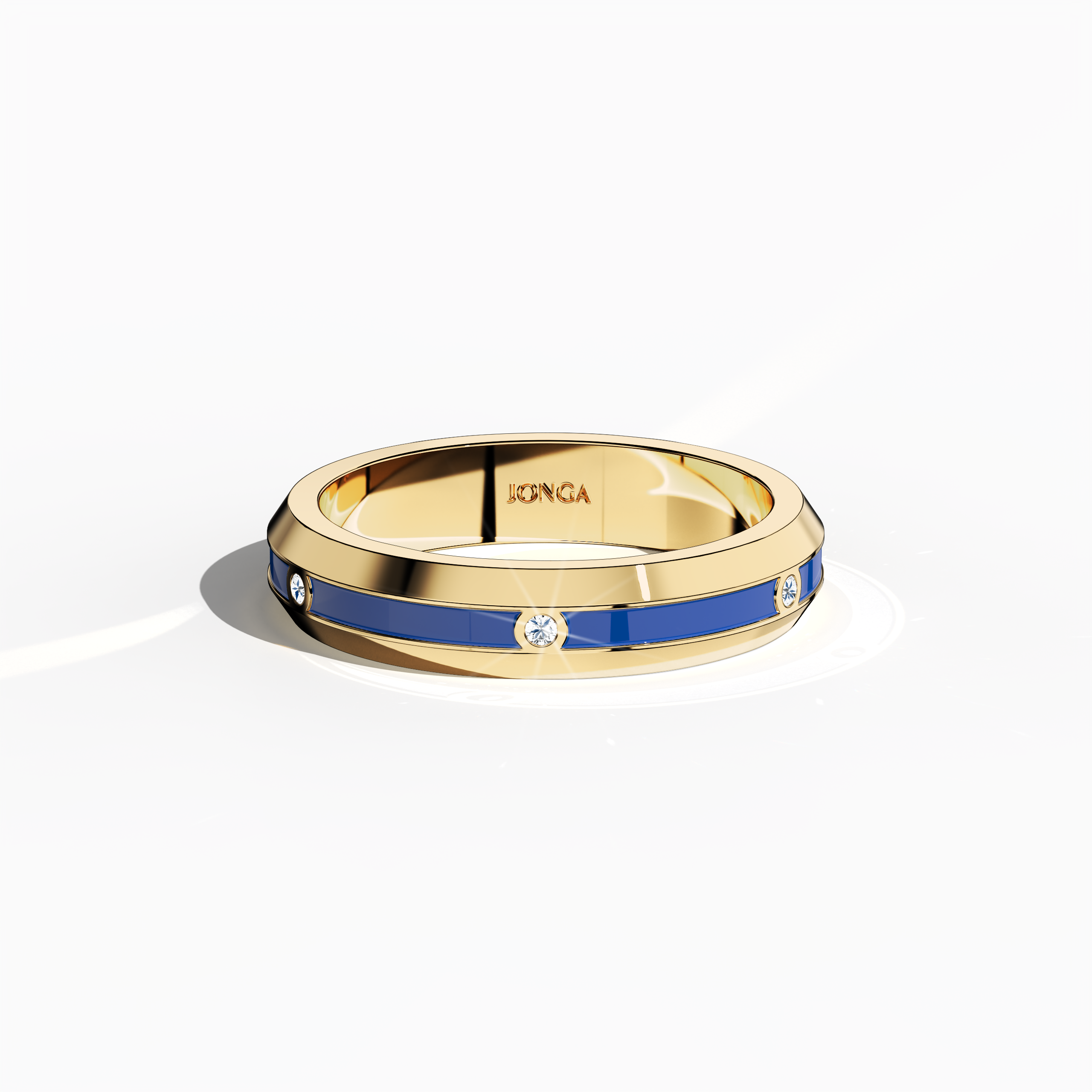 In a sleeping front top view, this yellow gold ring reveals a harmonious design with a band showcasing six finely set diamonds (totaling 0.06 carats) alongside an arresting blue glossy enamel surface. Recognized as “Timeless Radiance,” “Celestial Emblem,” and “Eternal Sparkle,” and noted for its alternative yellow gold names in international design lexicons, the ring exudes modern elegance and artisanal quality. Keywords: elegant, refined, stylish, modern, chic.