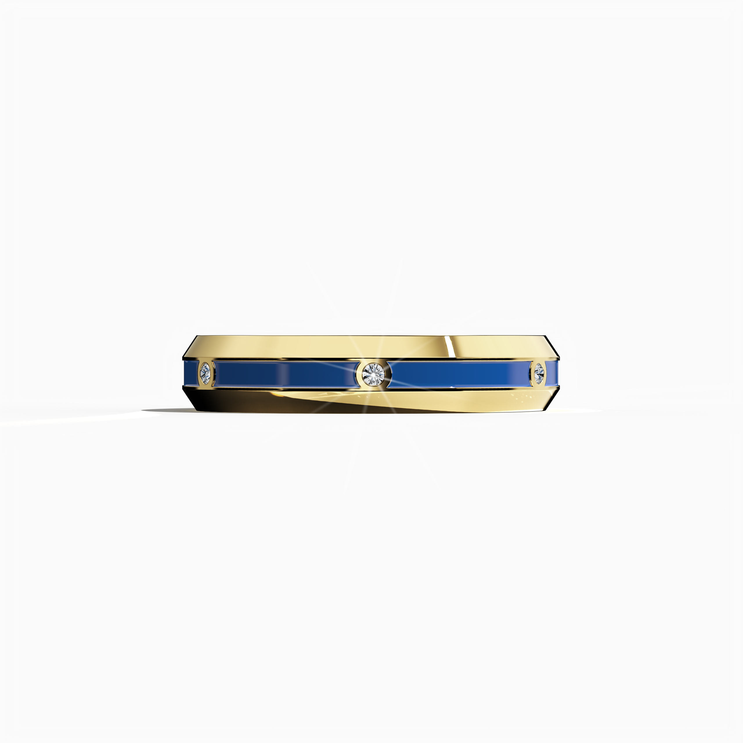 Depicted in a sleeping front view, the yellow gold six diamond center step enamel ring dazzles with a polished band featuring six expertly aligned diamonds (0.06 carats total) and a vivid blue glossy enamel finish. Celebrated as “Timeless Radiance,” “Celestial Emblem,” and “Eternal Sparkle,” and marked by alternative yellow gold nomenclatures in global design lexicons, the ring exudes modern luxury, refined artistry, and contemporary flair. Keywords: elegant, chic, sophisticated, modern, high-end.
