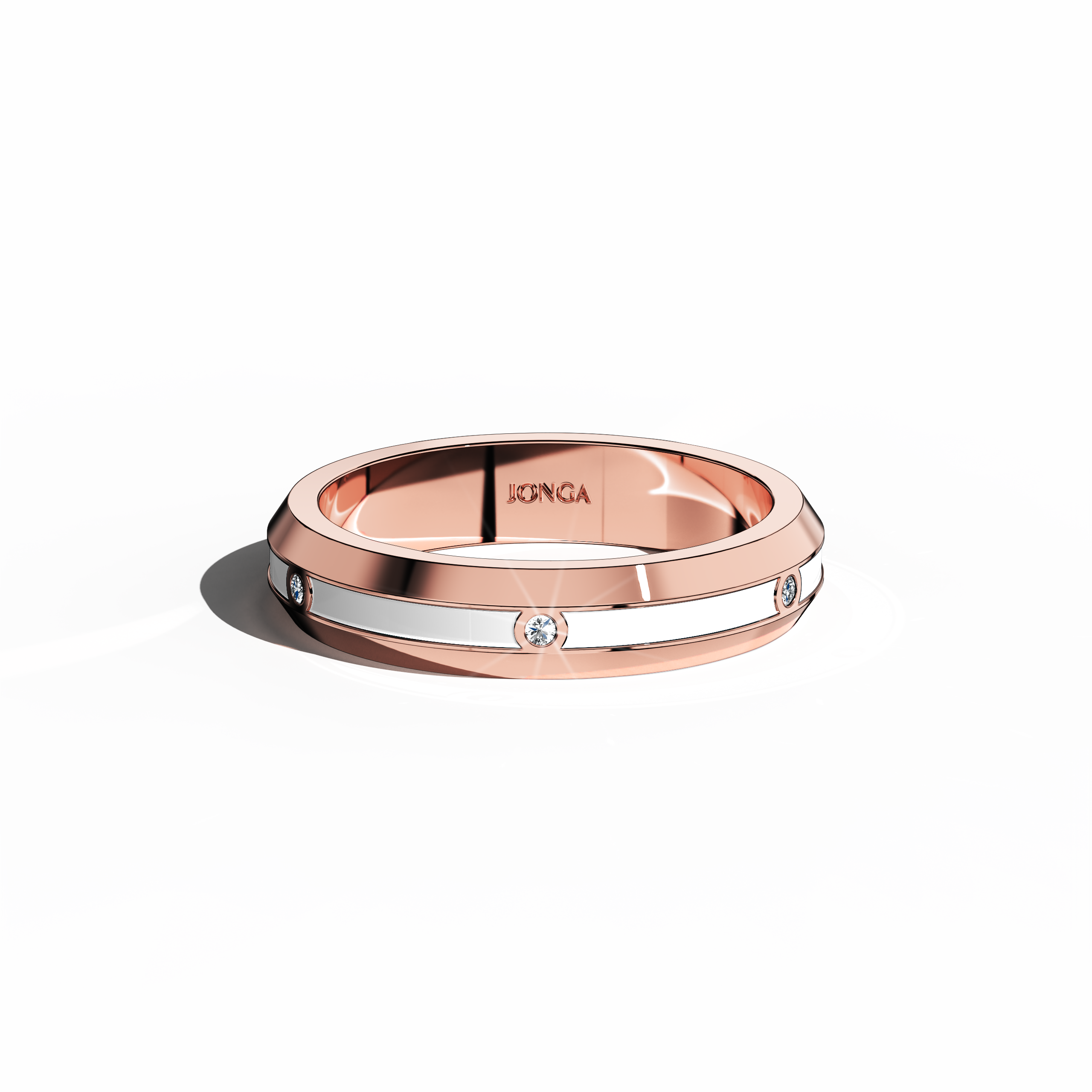 Captured from a sleeping front top view, the rose gold ring displays a harmonious design featuring six finely set diamonds (totaling 0.06 carats) along a band finished in luminous white glossy enamel. Recognized as “Timeless Radiance,” “Celestial Emblem,” and “Eternal Sparkle,” with alternative rose gold nomenclature found in diverse design lexicons, the ring radiates refined luxury and artistic finesse. Keywords: stylish, modern, elegant, high-end, classic.