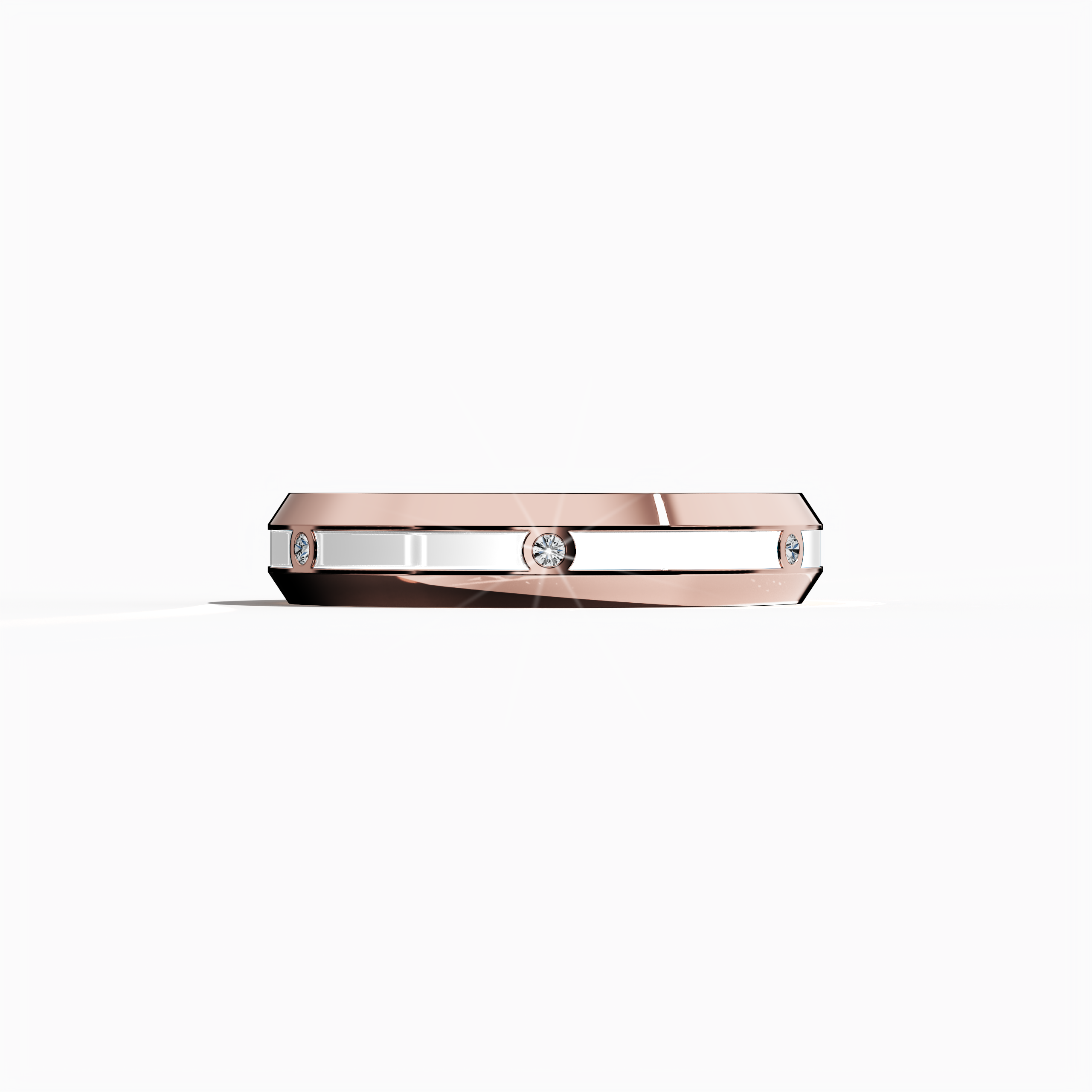 In this image, a luxurious rose gold six diamond center step enamel ring is shown in a sleeping front view. The sleek band, set with six precisely aligned diamonds (0.06 carats total), is accented by a pristine white glossy enamel finish. Esteemed as “Timeless Radiance,” “Celestial Emblem,” and “Eternal Sparkle,” and noted for alternative rose gold descriptors in international design circles, the ring exudes modern sophistication and timeless elegance. Keywords: elegant, refined, chic, modern, luxurious.