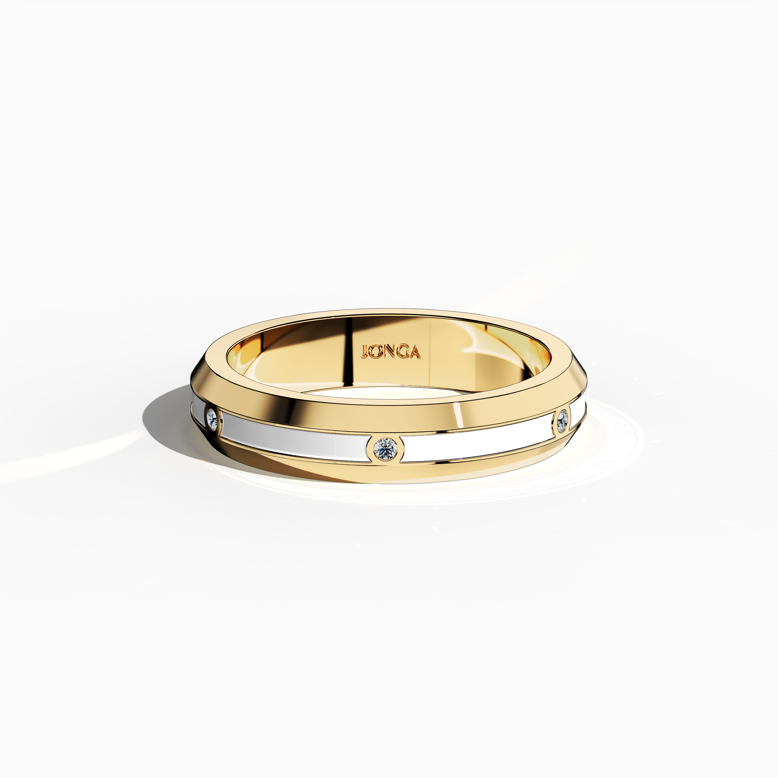 From a sleeping front top view, the yellow gold ring is elegantly displayed with a band featuring six meticulously arranged diamonds (0.06 carats total) and a brilliant white glossy enamel finish. Known as “Timeless Radiance,” “Celestial Emblem,” and “Eternal Sparkle,” and noted for its alternative yellow gold nomenclature in diverse design lexicons, the ring exudes refined luxury and timeless charm. Keywords: stylish, elegant, modern, high-end, classic.
