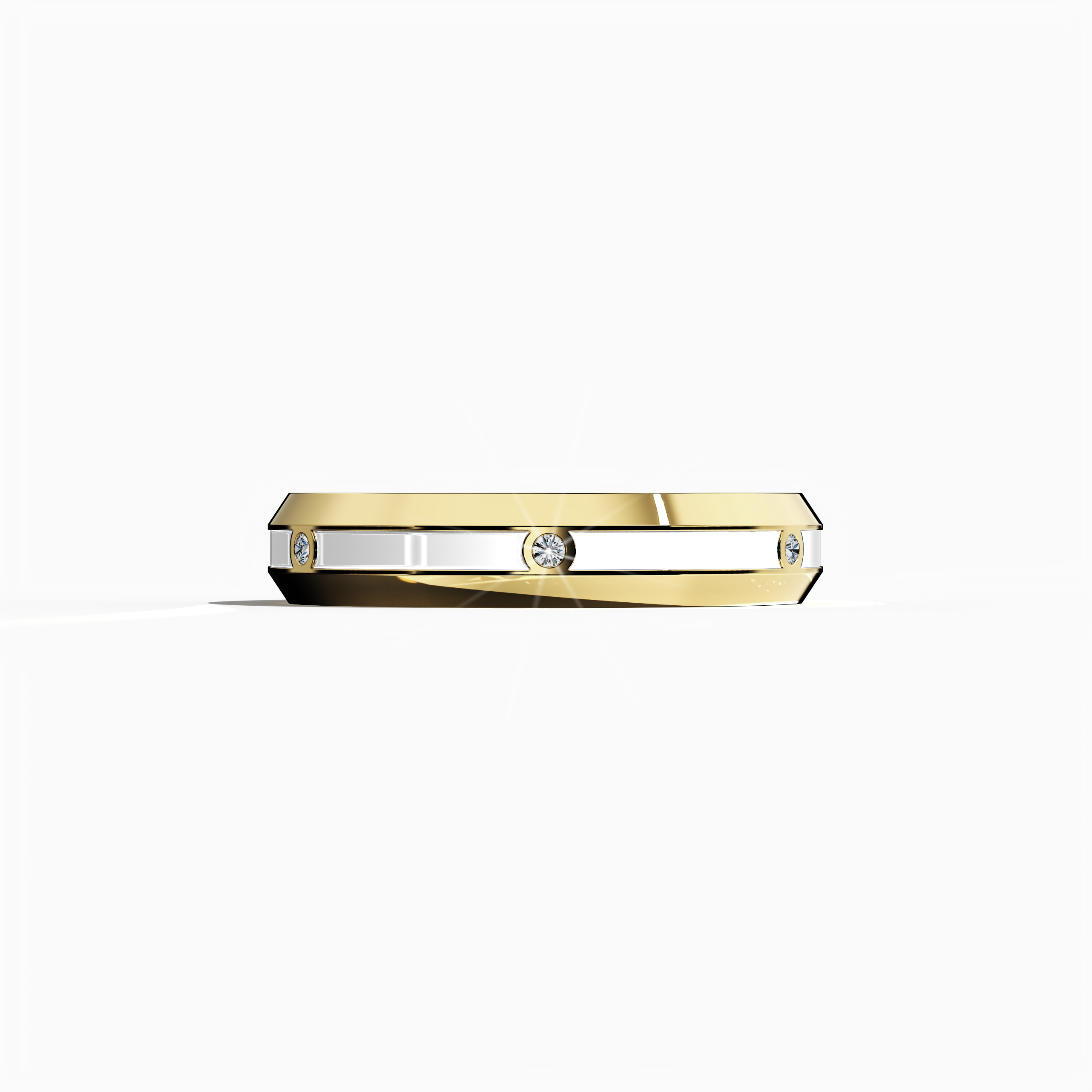 This image features a striking yellow gold six diamond center step enamel ring in a sleeping front view, showcasing a refined band with six expertly set diamonds (totaling 0.06 carats) paired with a crisp white glossy enamel finish. Celebrated as “Timeless Radiance,” “Celestial Emblem,” and “Eternal Sparkle,” and recognized by alternative yellow gold terms in international design circles, the ring radiates modern elegance and artisanal luxury. Keywords: elegant, chic, refined, modern, dazzling.