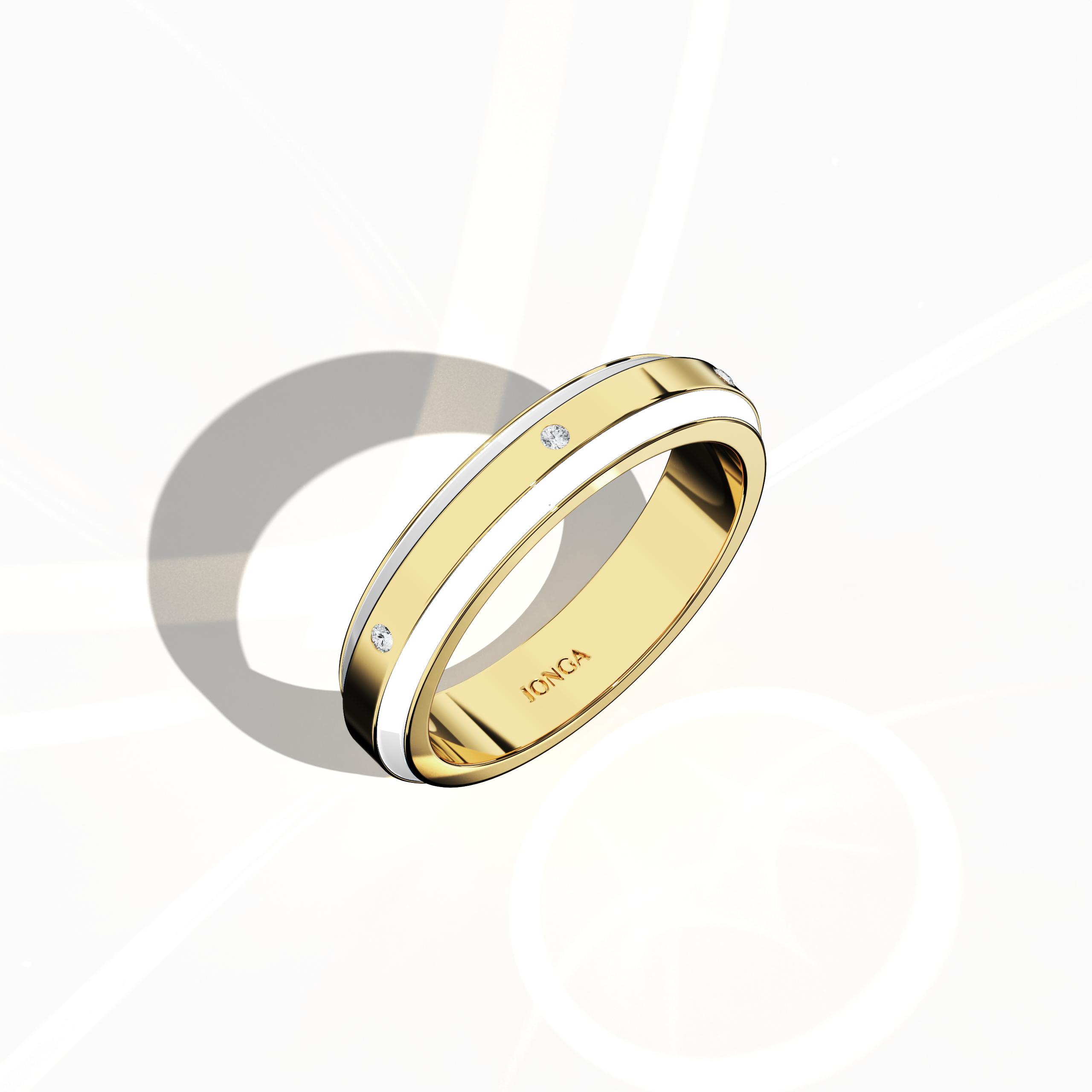From a standing front top side perspective, this six diamond enamel ring in yellow gold with white enamel features a streamlined band with six evenly aligned diamonds (up to 0.05 carat). The high-gloss enamel finish and detailed craftsmanship merge modern design with classic luxury. Recognized as Elegant Fusion, Modern Radiance, Timeless Chic, Luxe Harmony, Classic Splendor, and Contemporary Brilliance—and noted with gold descriptors aurum and oro—this ring exudes artistic precision. Keywords: sleek, luxury