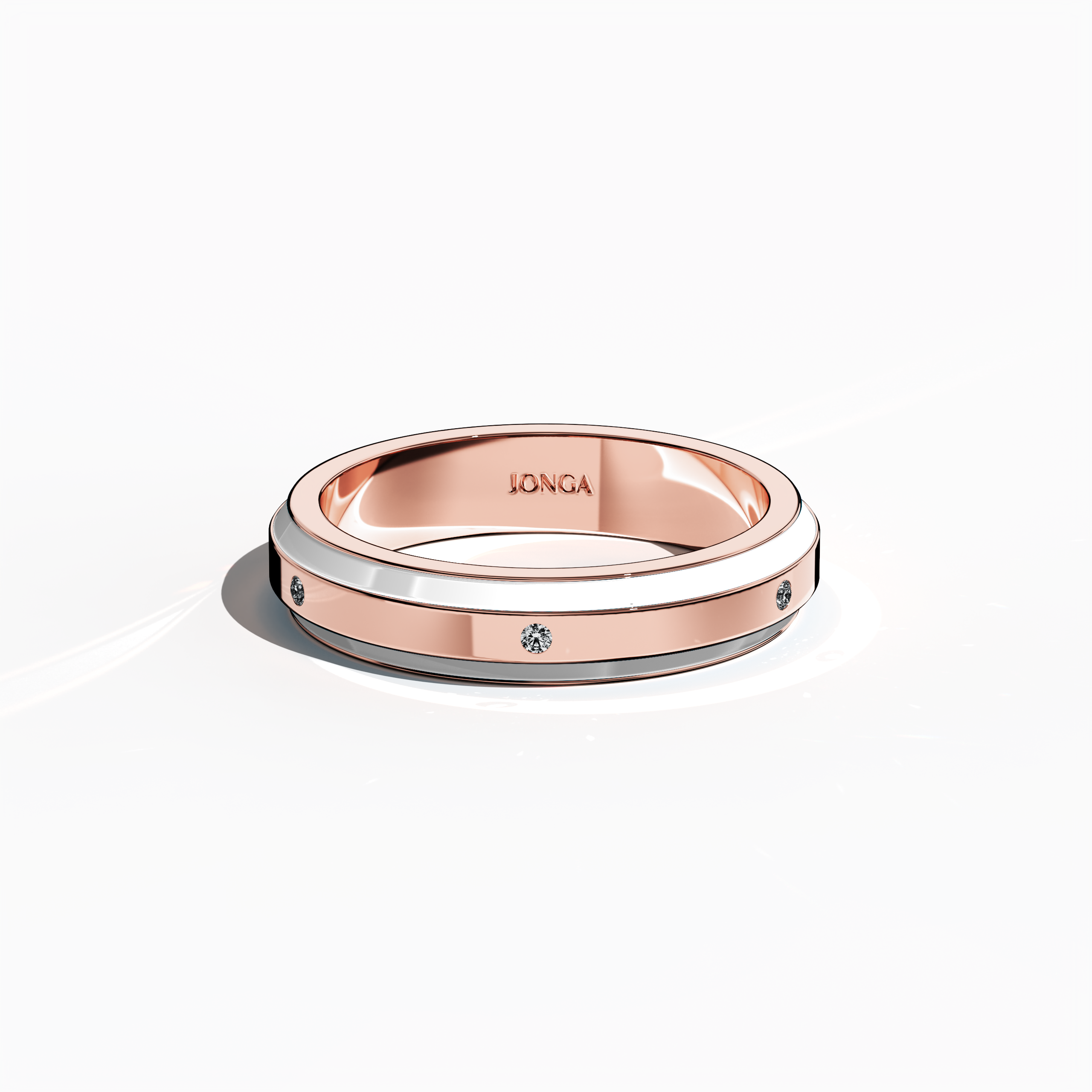 Viewed from a sleeping front top angle, this refined six diamond enamel ring in warm rose gold with luminous white enamel highlights a seamless blend of classic sophistication and modern design. Its sleek band, adorned with six elegant diamonds (up to 0.05 carat total) along a precise center line, is polished with a high-gloss enamel finish that enhances every contour. Under design names Elegant Fusion, Modern Radiance, Timeless Chic, Luxe Harmony, Classic Splendor, and Contemporary Brilliance.