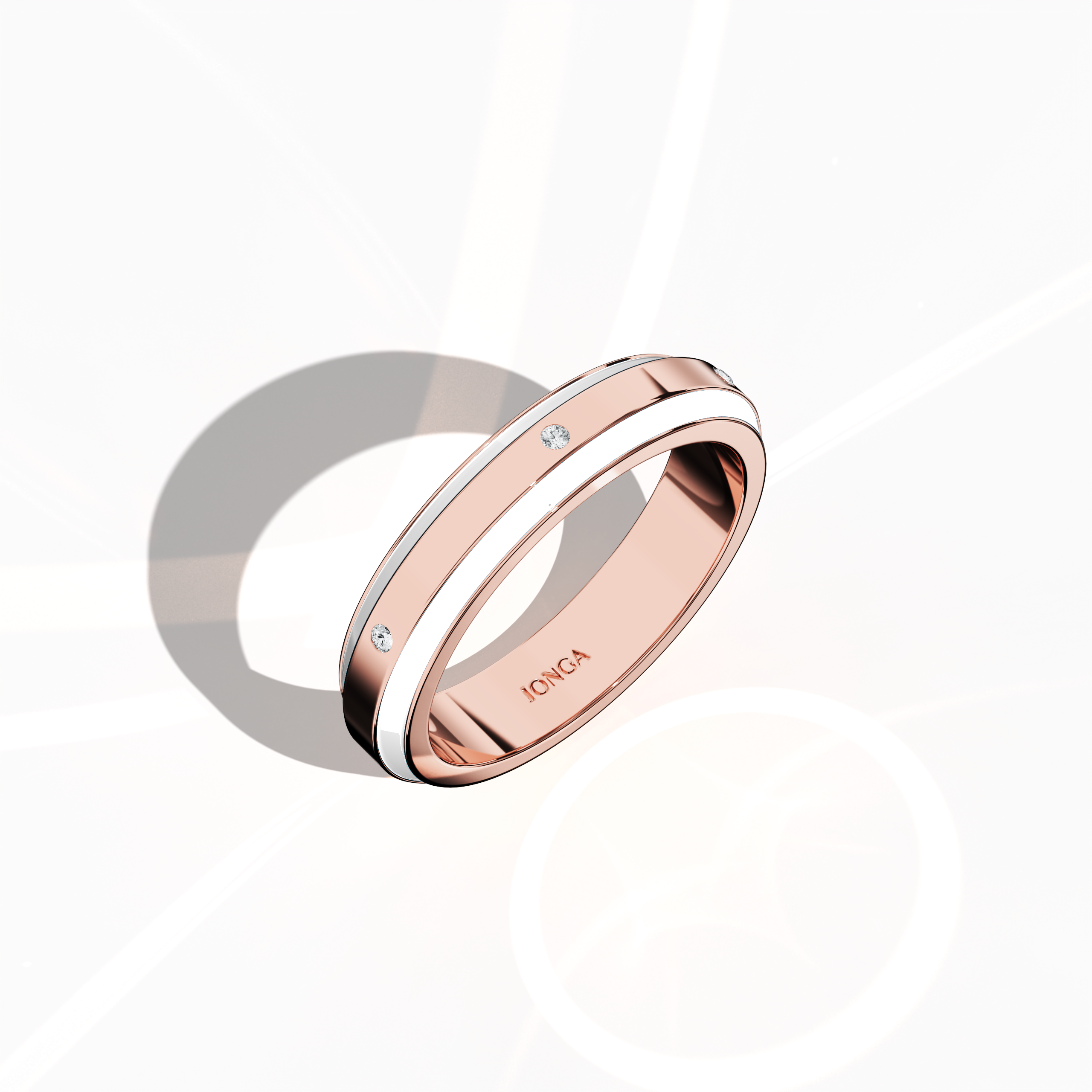 Displayed in a standing front top side view, this sophisticated six diamond enamel ring in rose gold with a radiant white enamel finish epitomizes refined craftsmanship and timeless elegance. The band, featuring a flawless center line of six sparkling diamonds totaling up to 0.05 carat, is accentuated by a glossy polish that highlights its intricate detailing. Known as Elegant Fusion, Modern Radiance, Timeless Chic, Luxe Harmony, Classic Splendor, and Contemporary Brilliance.