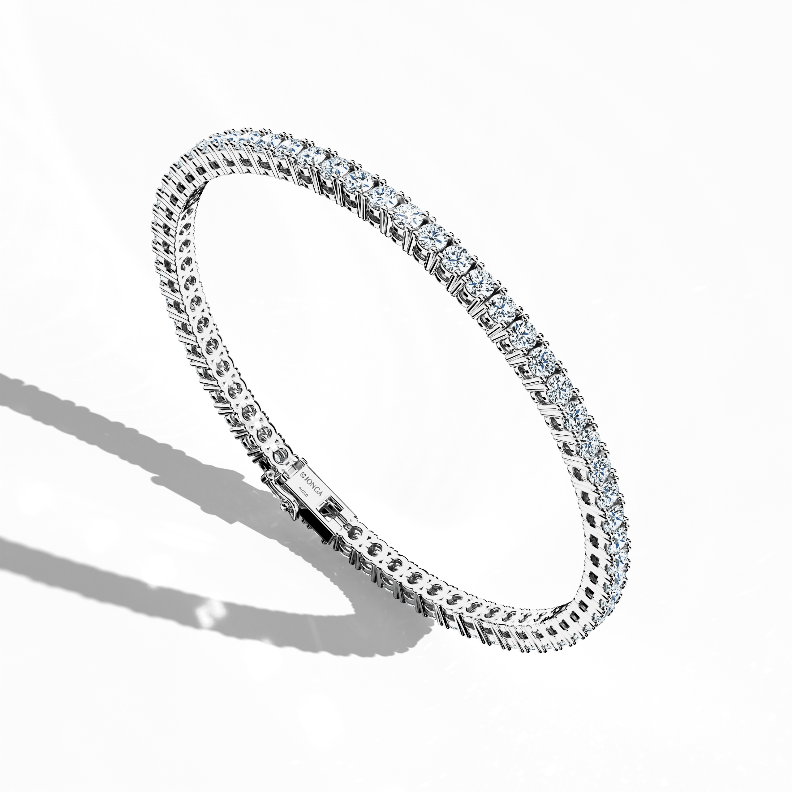 This 7-carat diamond tennis bracelet in platinum is portrayed from a standing front top side angle, emphasizing its shimmering row of round brilliant stones. Sometimes called a line bracelet, eternity bracelet, river bracelet, or inline bracelet, this sleek design merges elegance with durability. Its secure clasp and prong setting ensure lasting beauty. Keywords: diamond tennis bracelet, line bracelet.