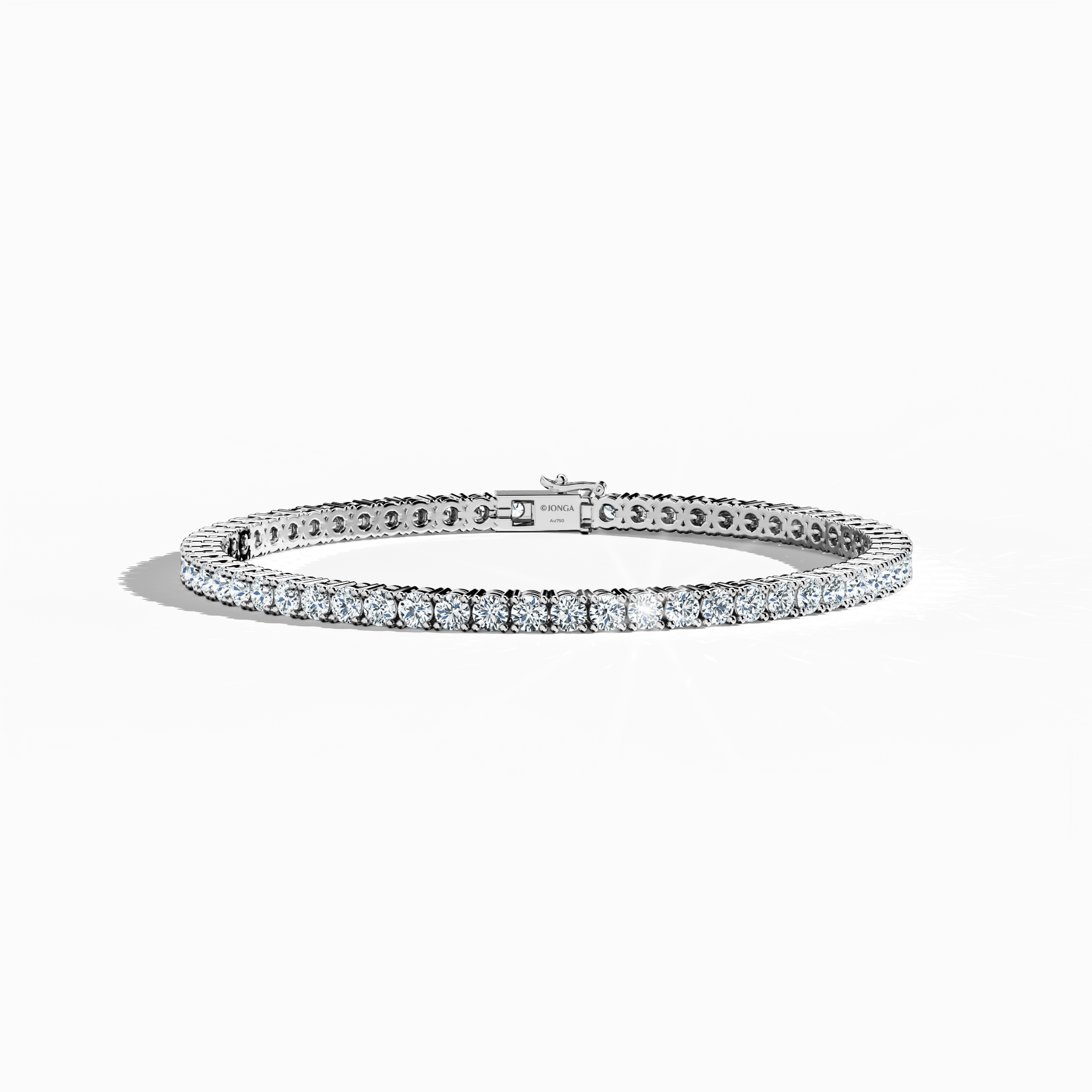 This 7-carat diamond tennis bracelet, also known as a line bracelet, eternity bracelet, river bracelet, or inline bracelet, is displayed in white gold (sometimes referred to as grey gold or palladium gold). Viewed from a sleeping front top angle, its round brilliant diamonds are prong-set to maximize radiance. Crafted for timeless appeal, this piece suits both formal events and everyday luxury. Keywords: diamond tennis bracelet, white gold, line bracelet.