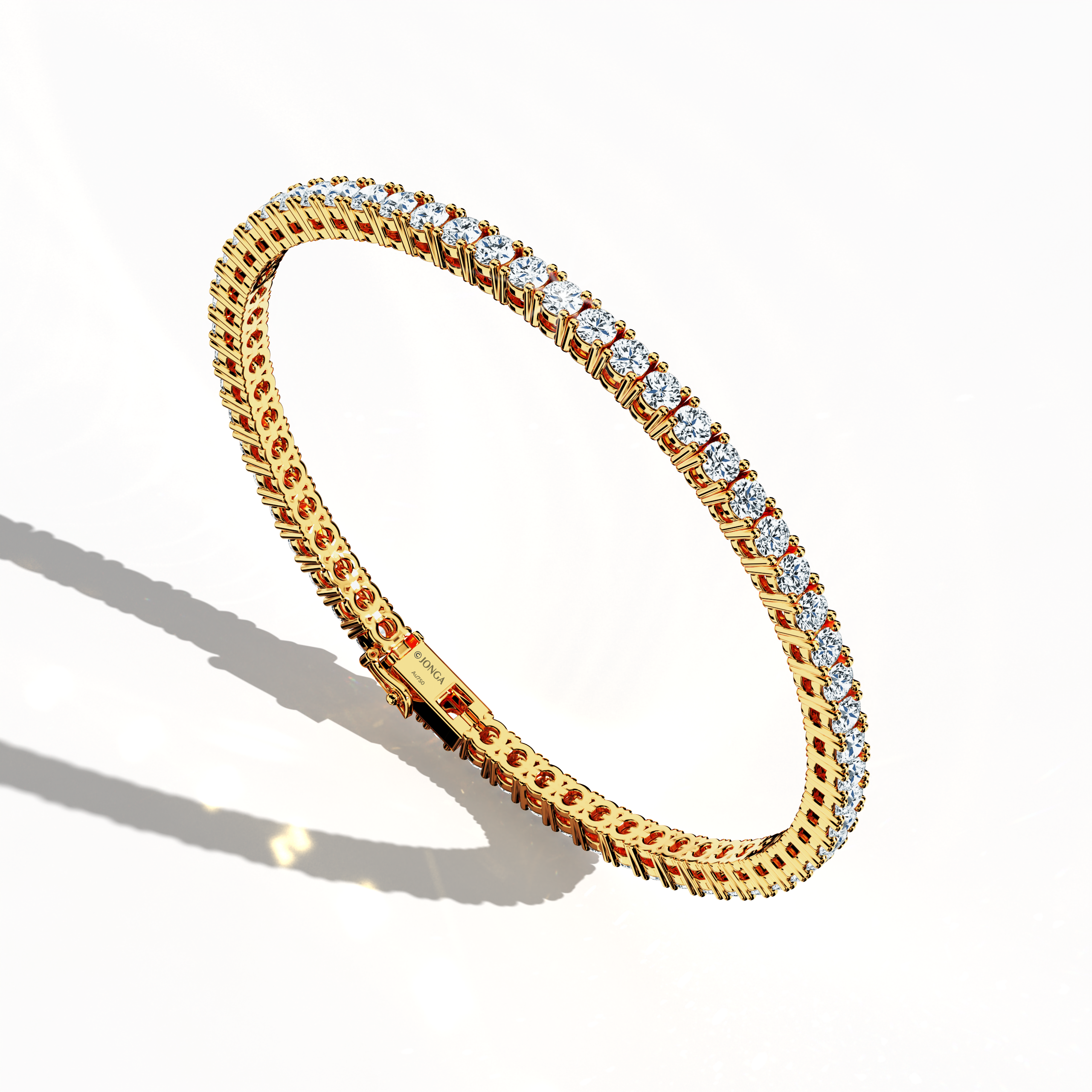 This 7-carat diamond tennis bracelet in yellow gold (often described as classic gold or champagne gold) is shown from a standing front top side angle, highlighting the warm glow of its prong-set round diamonds. Also referred to as a line bracelet, eternity bracelet, river bracelet, or inline bracelet, it unites tradition with a refined silhouette. The secure clasp and radiant finish suit diverse occasions. Keywords: diamond tennis bracelet, yellow gold, line bracelet.