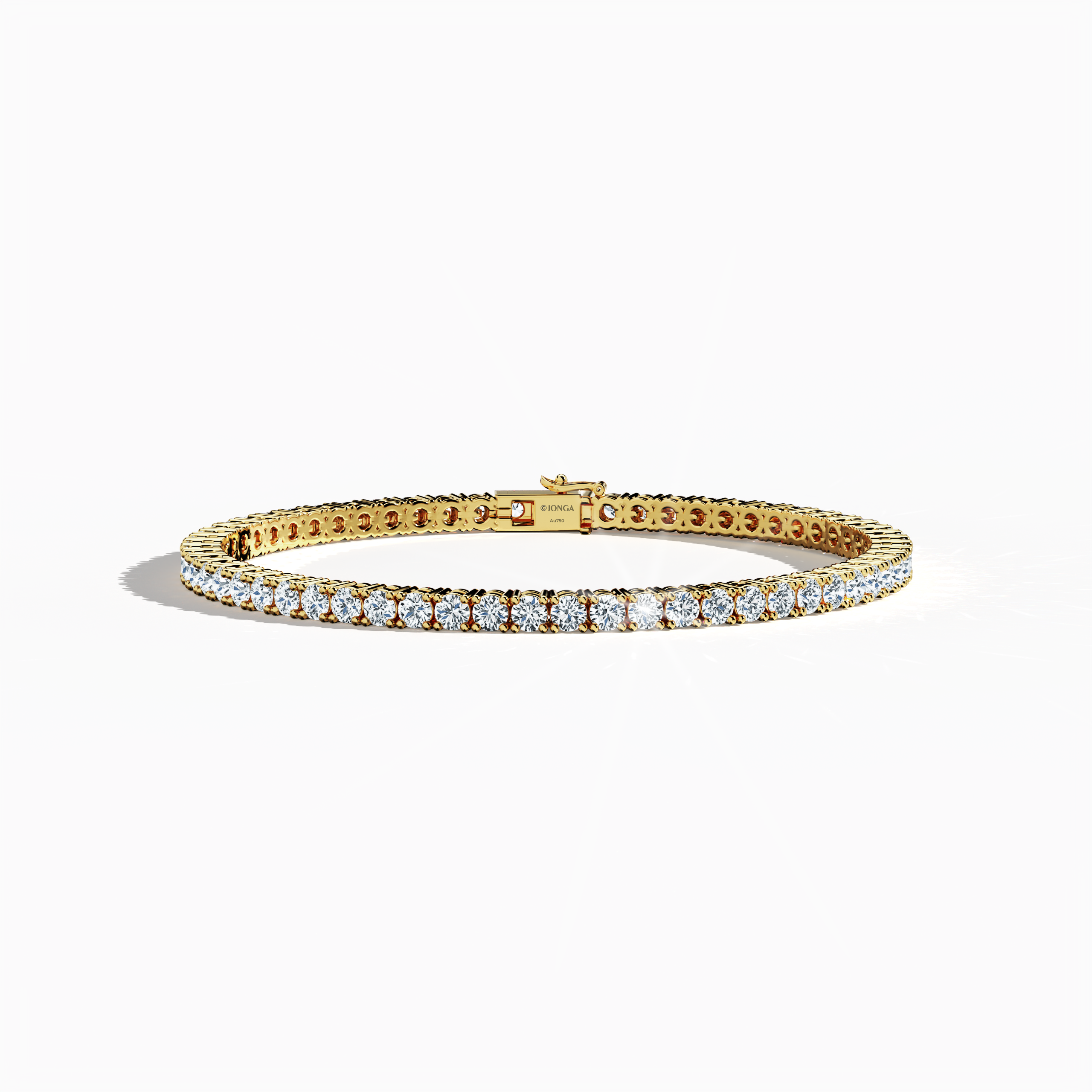 This 7-carat diamond tennis bracelet, also recognized as a line bracelet, eternity bracelet, river bracelet, or inline bracelet, is crafted in yellow gold (sometimes referred to as classic gold or champagne gold). Displayed from a sleeping front top perspective, its round brilliant diamonds shimmer in a warm metal setting. A timeless prong-set design, it suits both casual ensembles and upscale occasions. Keywords: diamond tennis bracelet, yellow gold, line bracelet.