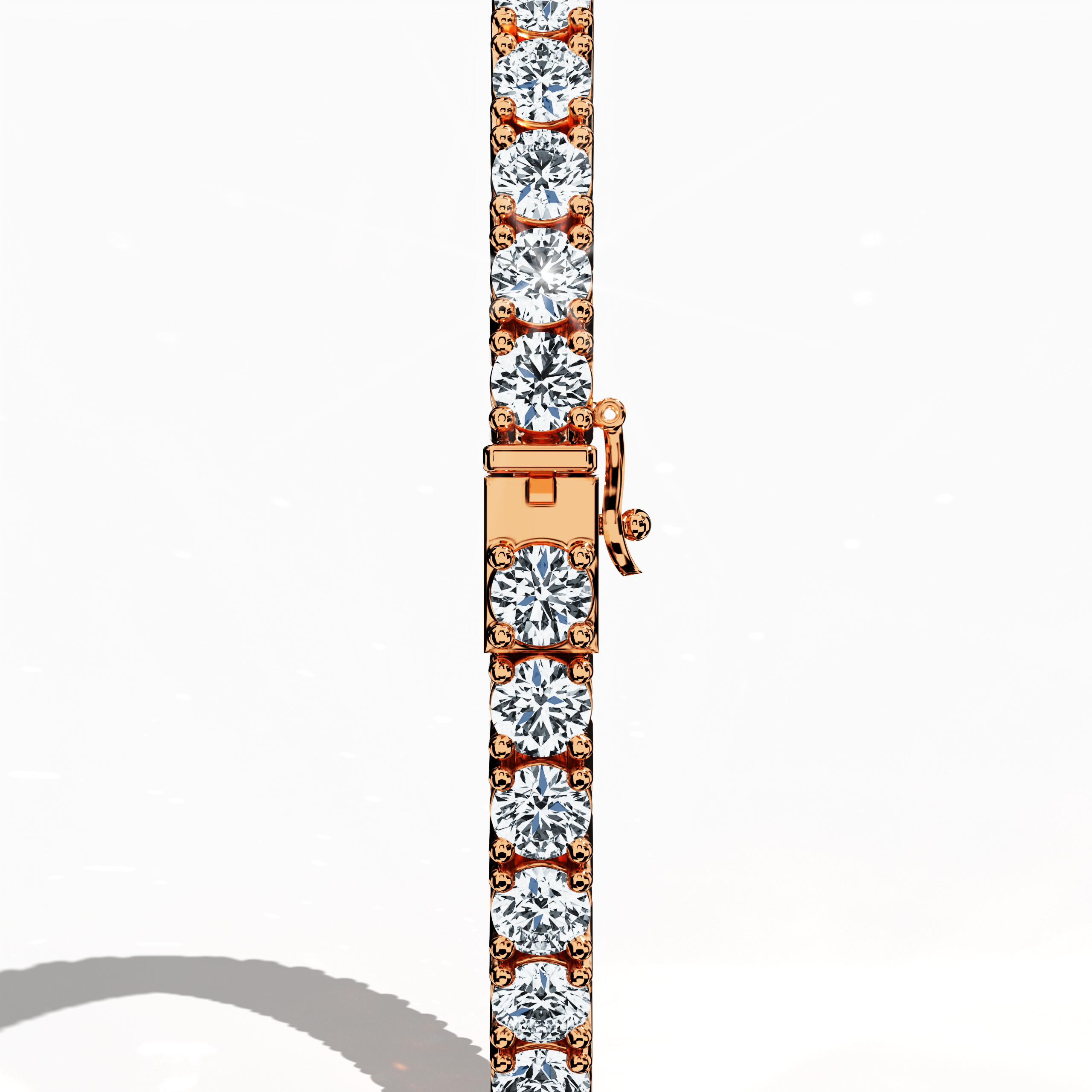 From a standing back side view, this 8-carat diamond tennis bracelet in rose gold (often termed pink gold or red gold) reveals a meticulously crafted clasp and secure prong-setting. Also known as a line bracelet, eternity bracelet, river bracelet, or inline bracelet, its continuous row of brilliant round diamonds creates a mesmerizing band of light. The design merges contemporary style with timeless allure, perfect for any occasion. Keywords: diamond tennis bracelet, rose gold, elegant jewelry.