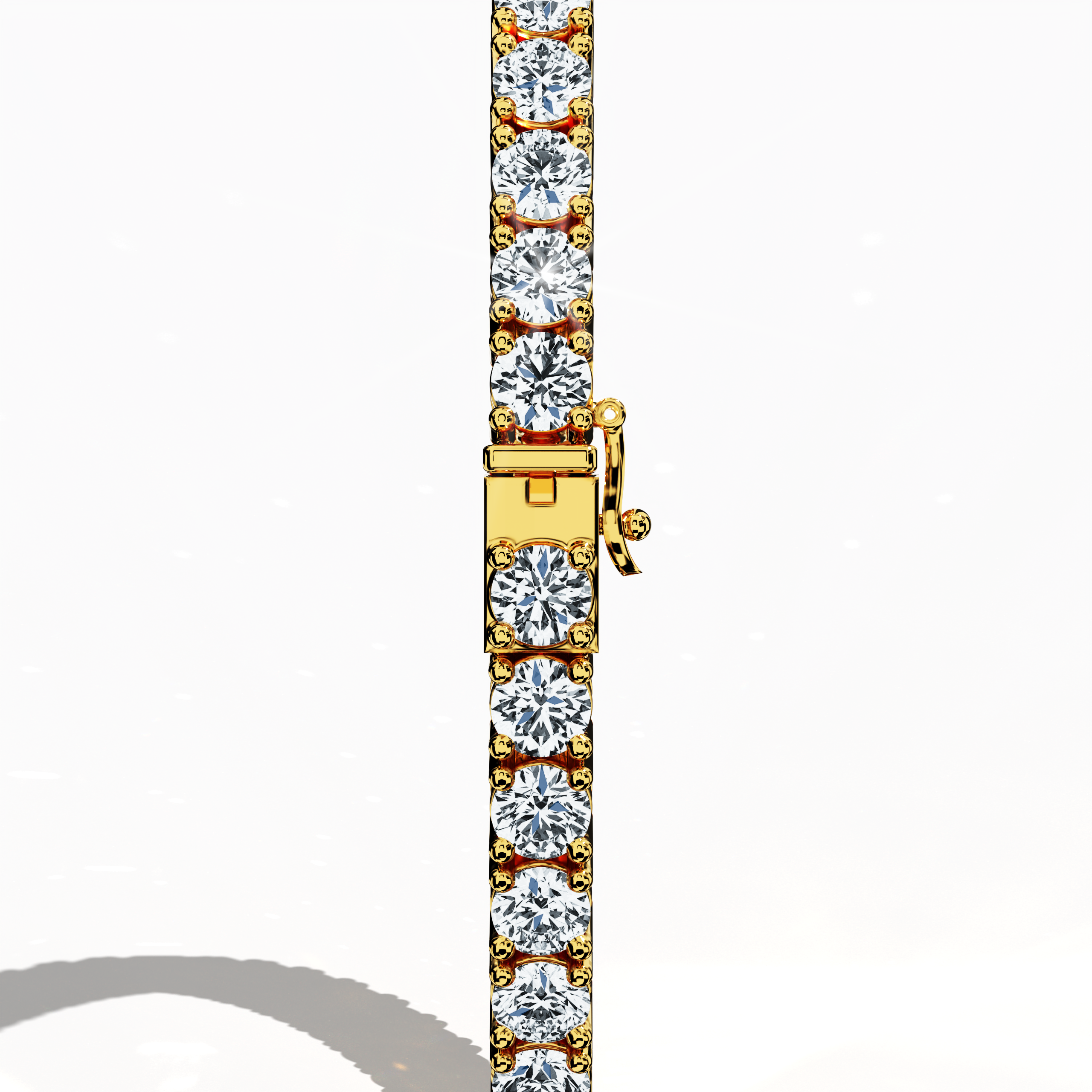 From a standing back side view, this 8-carat diamond tennis bracelet in yellow gold (sometimes termed classic gold or champagne gold) showcases its detailed prong-set design and secure clasp. Also referred to as a line bracelet, eternity bracelet, river bracelet, or inline bracelet, its continuous row of brilliant round diamonds creates a mesmerizing band of light. The design fuses timeless elegance with modern flair, perfect for any ensemble. Keywords: diamond tennis bracelet, yellow gold, elegant jewelry.