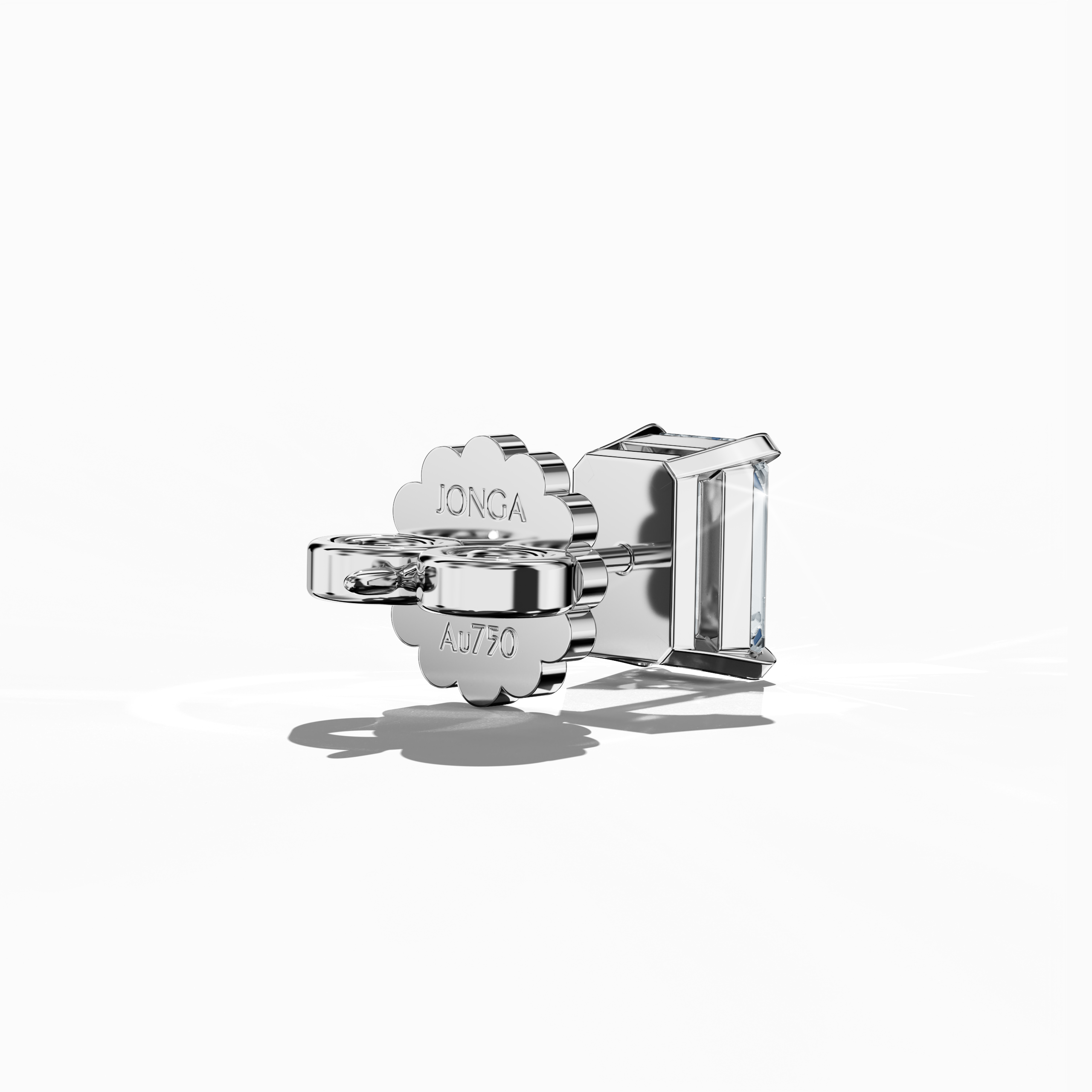 Back side of 1-carat natural emerald earring in 18k white gold with prong setting; emerald stud, 1ct natural emerald, luxury fine jewelry/fine jewellery ear accessory.