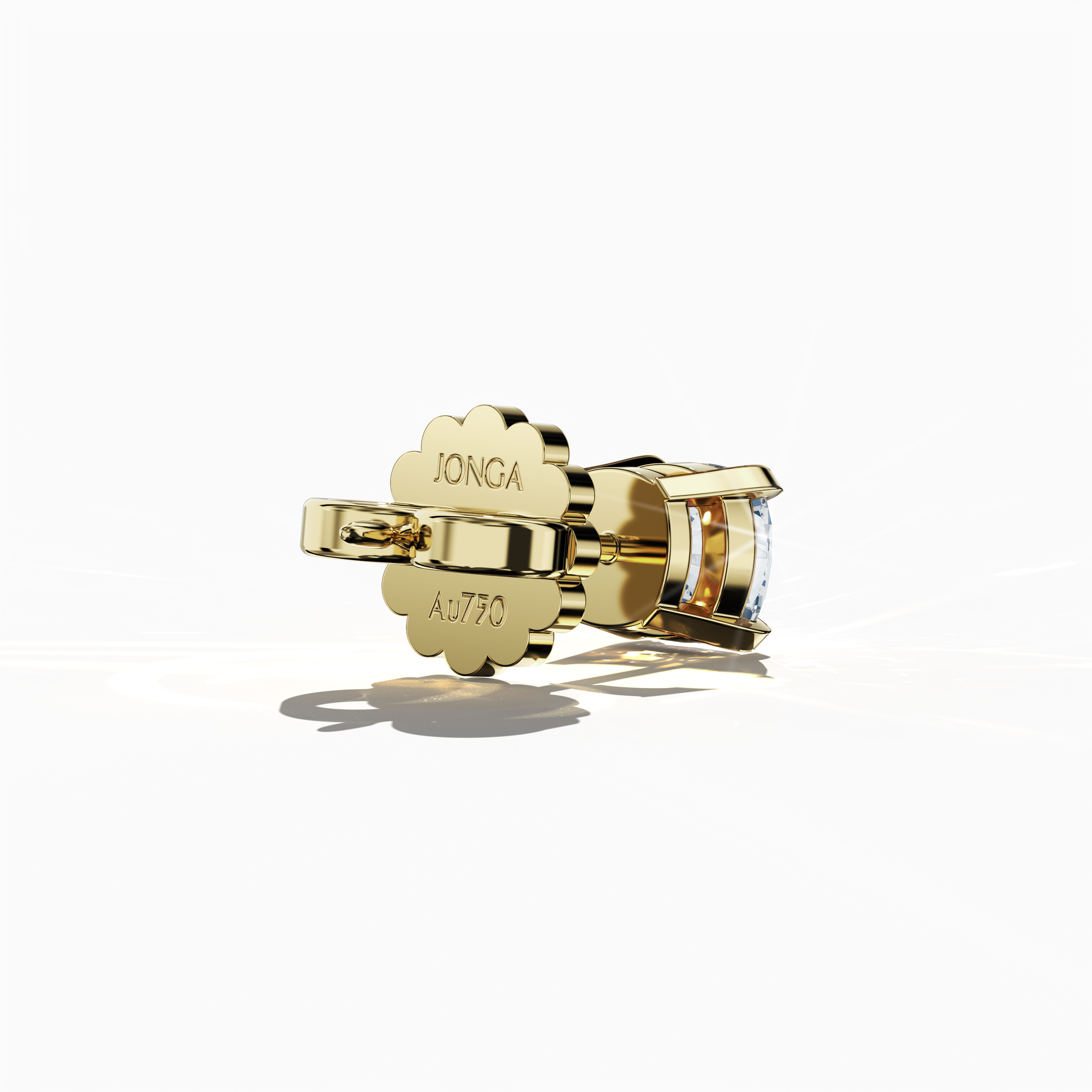 Back side view of 1-carat natural diamond earring in 18k yellow gold with nail prong setting; features a cushion cut diamond (also known as cushion brilliant or pillow cut diamond in various regions) – luxury fine jewelry/fine jewellery ear accessory.