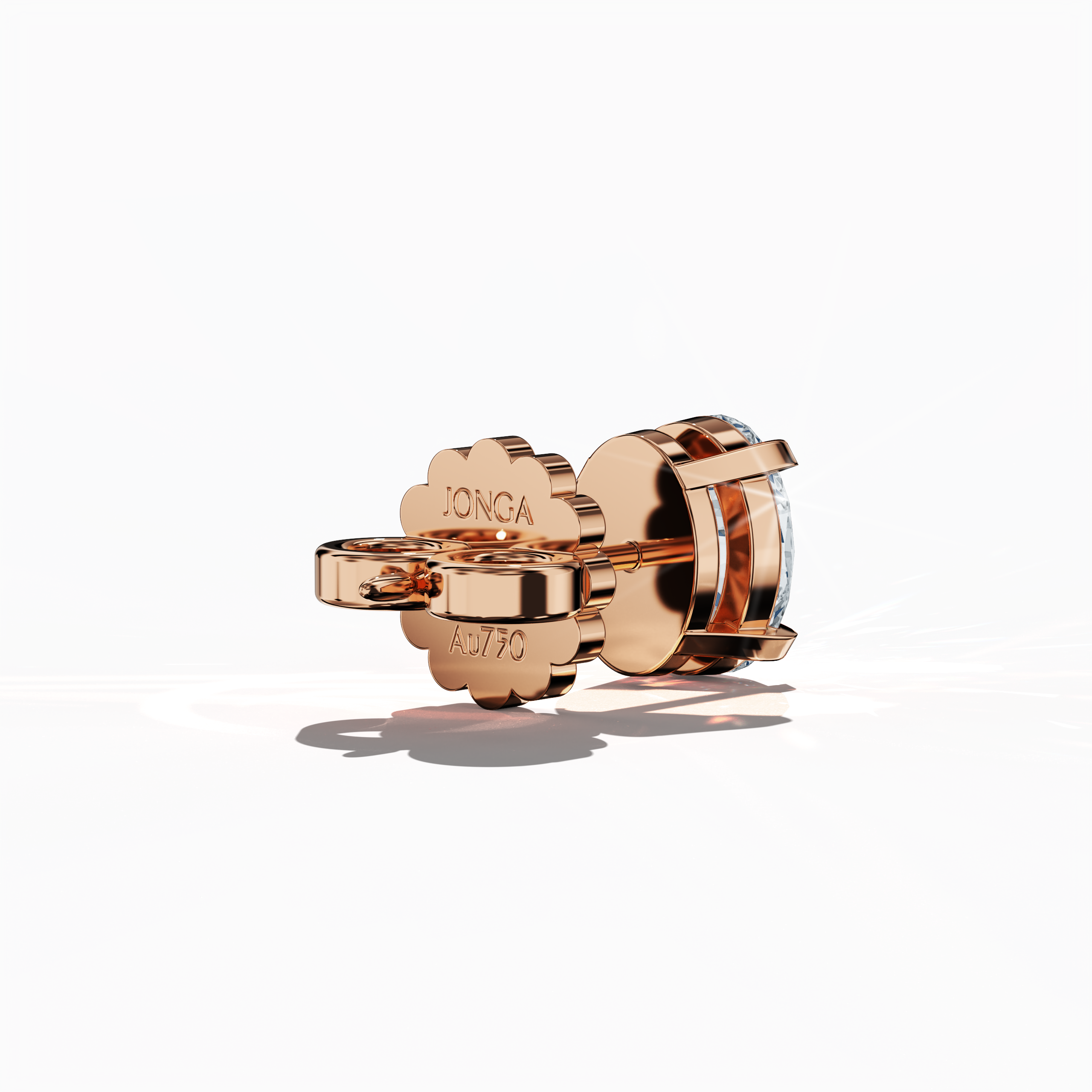Back side view of 1-carat natural diamond earring in 18k rose gold with nail prong setting; features an oval cut diamond (also known as oval brilliant or elongated oval in some regions) – luxury fine jewelry/fine jewellery ear accessory.