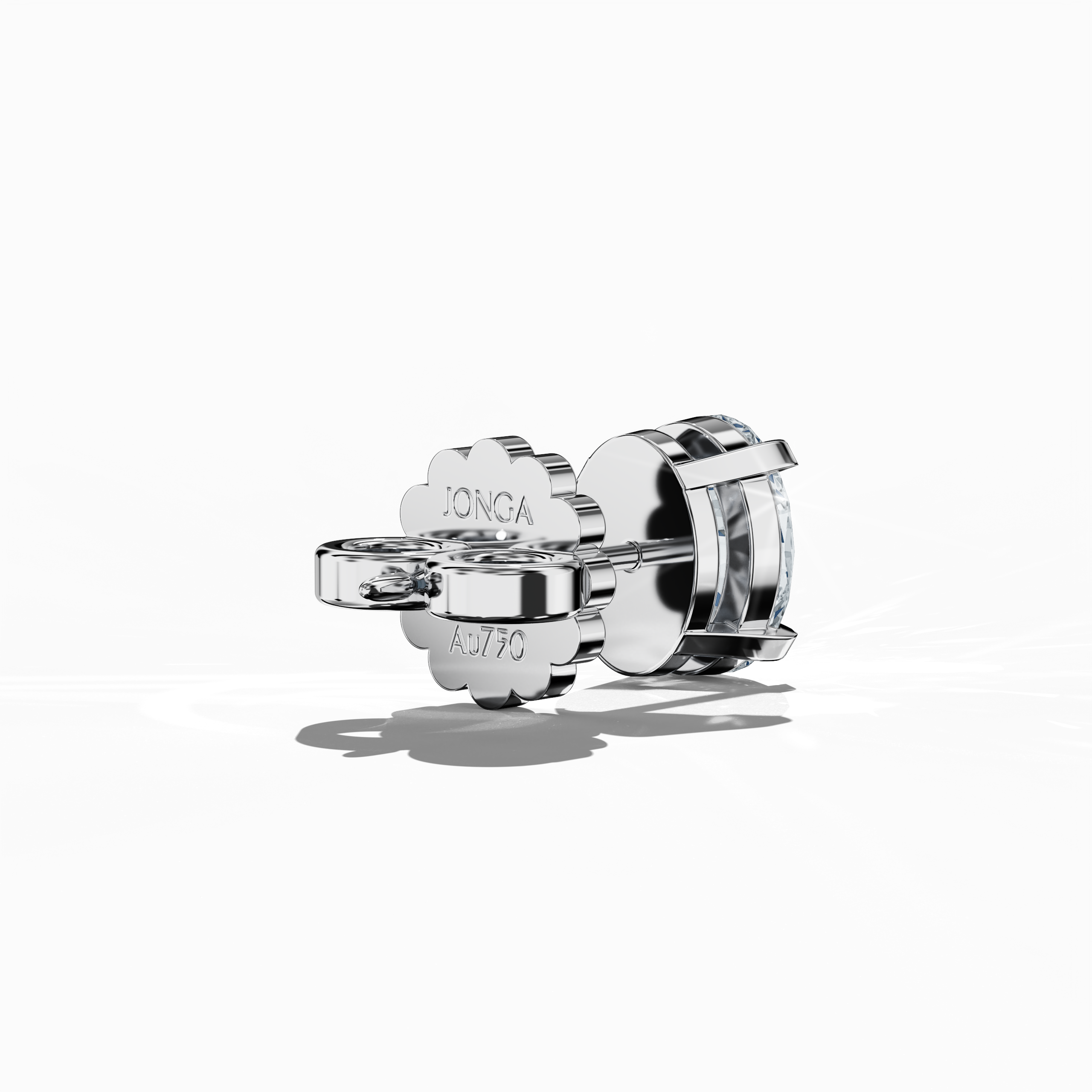 Back side view of 1-carat natural diamond earring in 18k white gold with nail prong setting; features an oval cut diamond (also known as oval brilliant or elongated oval in some regions) – luxury fine jewelry/fine jewellery ear accessory.