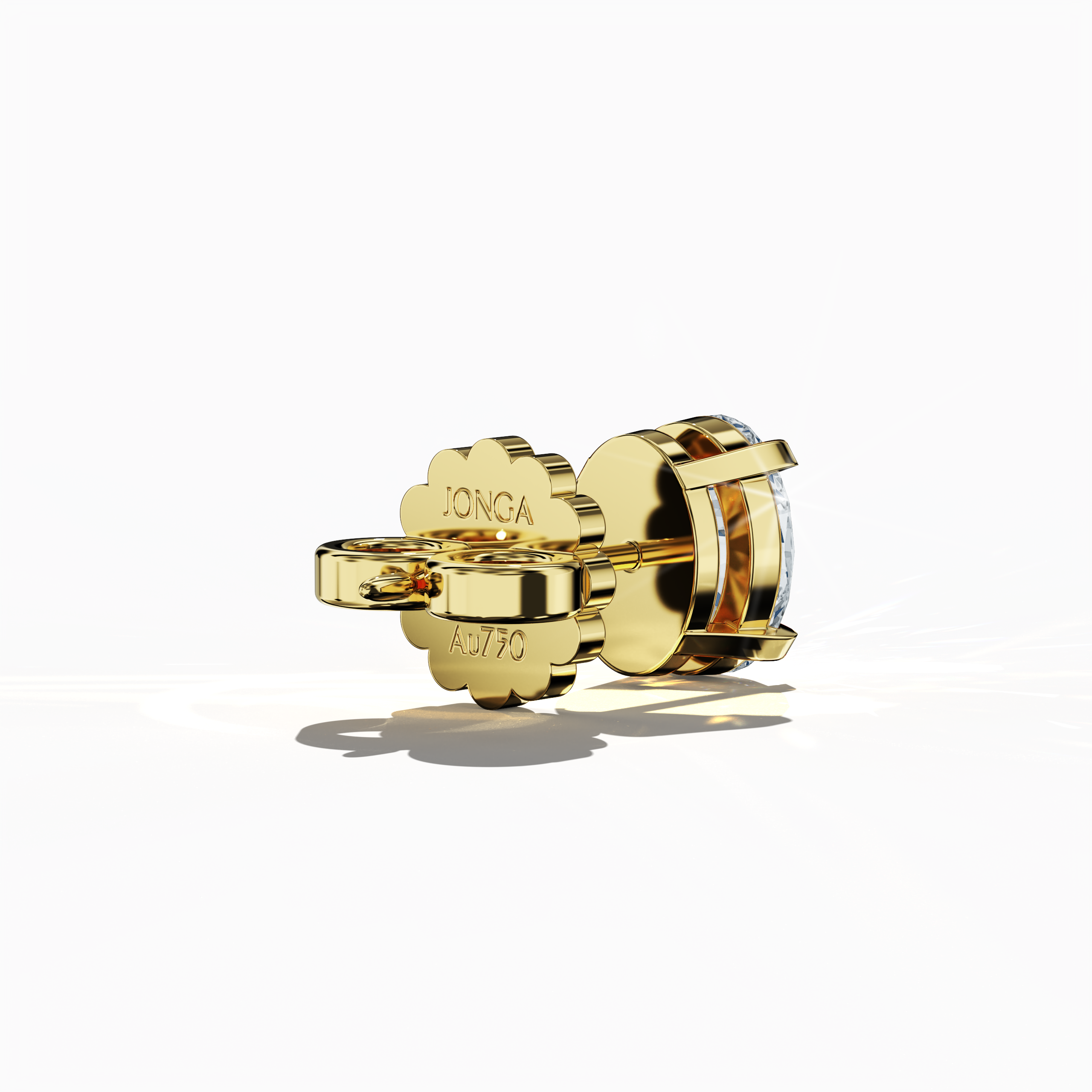 Back side view of 1-carat natural diamond earring in 18k yellow gold with nail prong setting; features an oval cut diamond (also known as oval brilliant or elongated oval in some regions) – luxury fine jewelry/fine jewellery ear accessory.