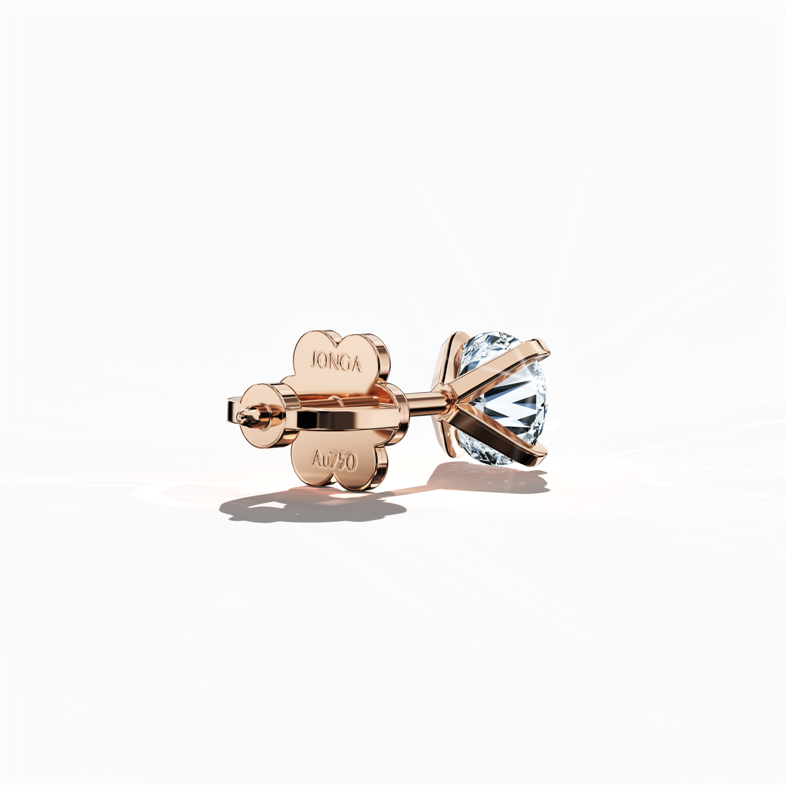 Back side view of 2 carat natural diamond earring in 18k rose gold with nail prong setting; diamond stud, 2ct solitaire diamond, luxury fine jewelry/fine jewellery ear accessory.