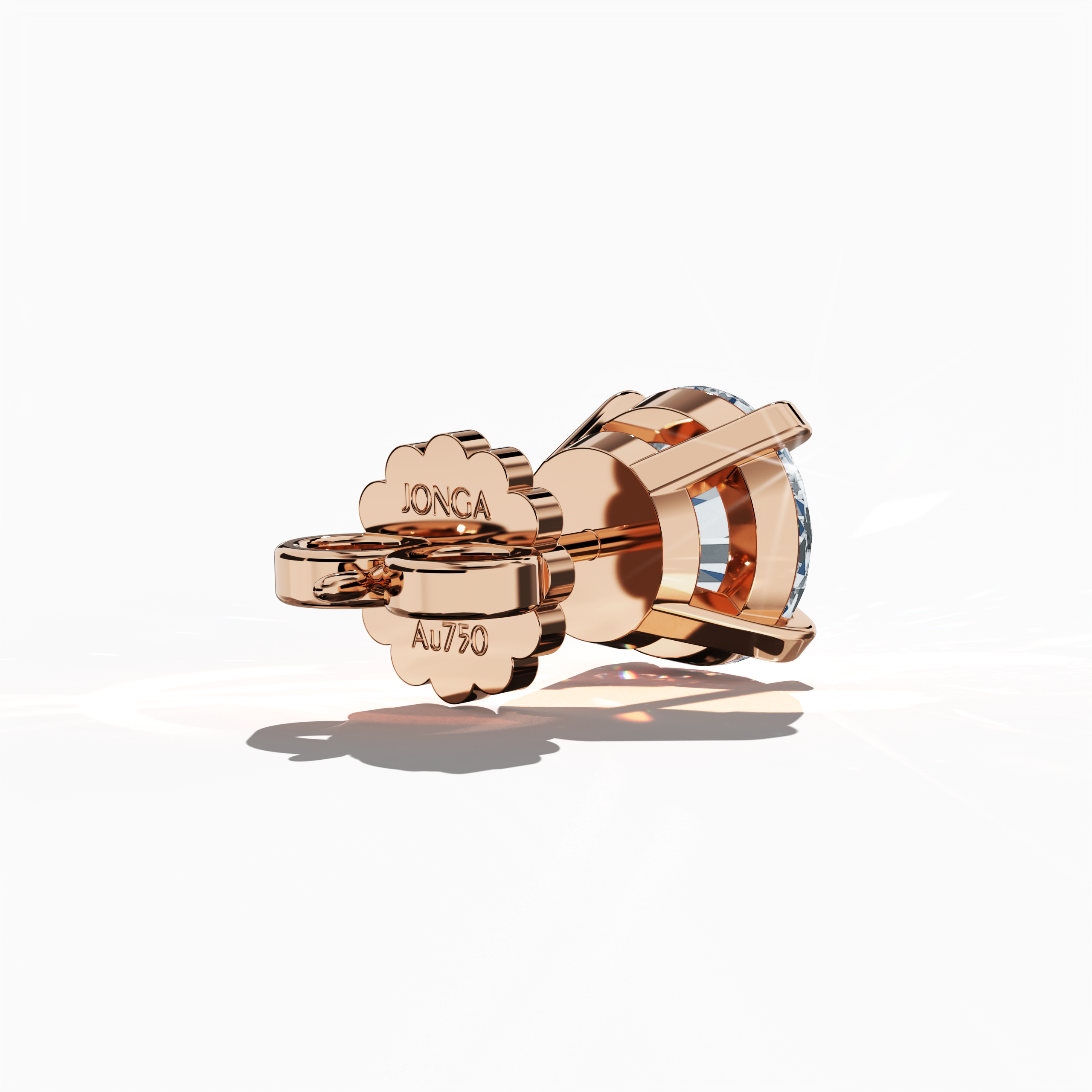 Back side view of 4 carat natural diamond stud earrings in classic basket and Nail Prong/claw settings, crafted in 18k rose gold.