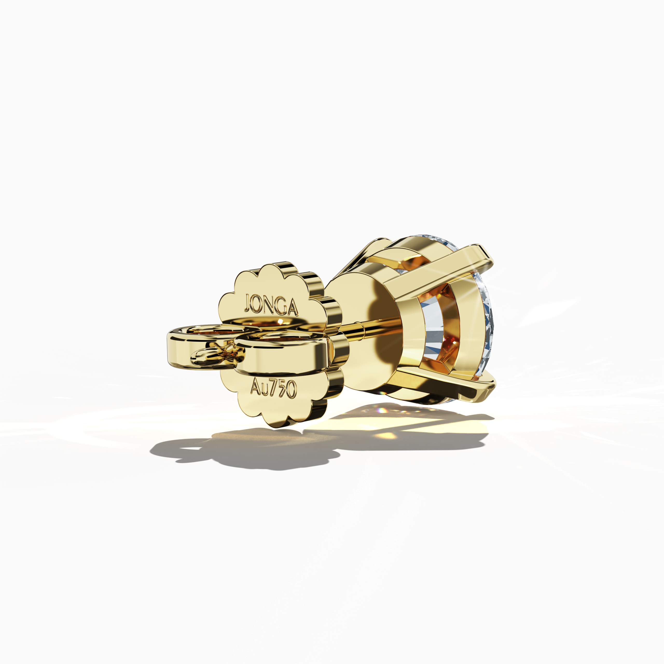 Back side view of 6 carat natural diamond stud earrings in classic basket and Nail Prong/claw settings, crafted in 18k yellow gold.