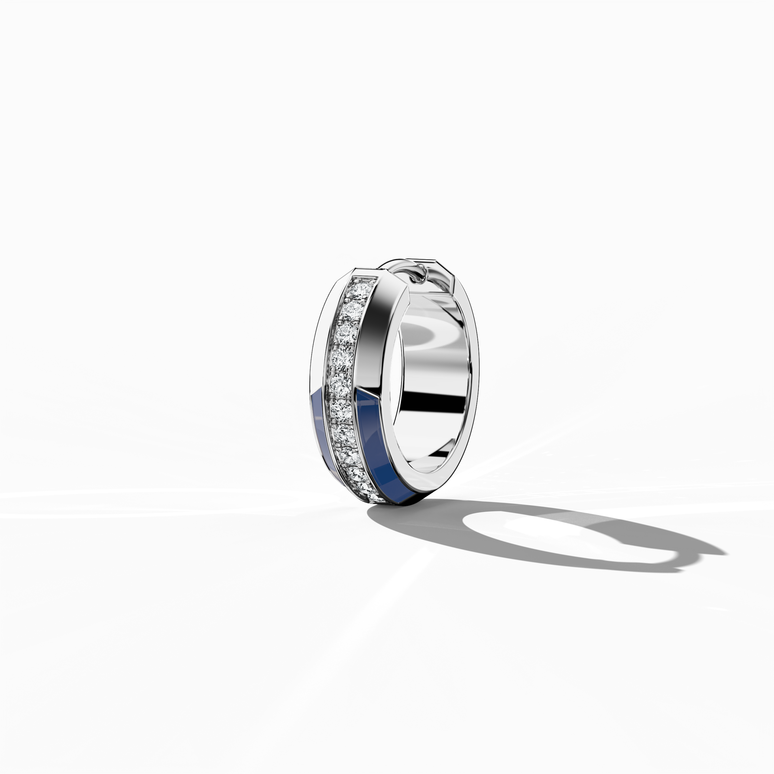 Back side view of Elegant blue enamel pavé stud earring in white gold – a stylish diamond ear adornment showcasing a luminous blue enamel finish accented with a pavé of sparkling diamonds, perfect as a subtle yet eye-catching jewelry piece.