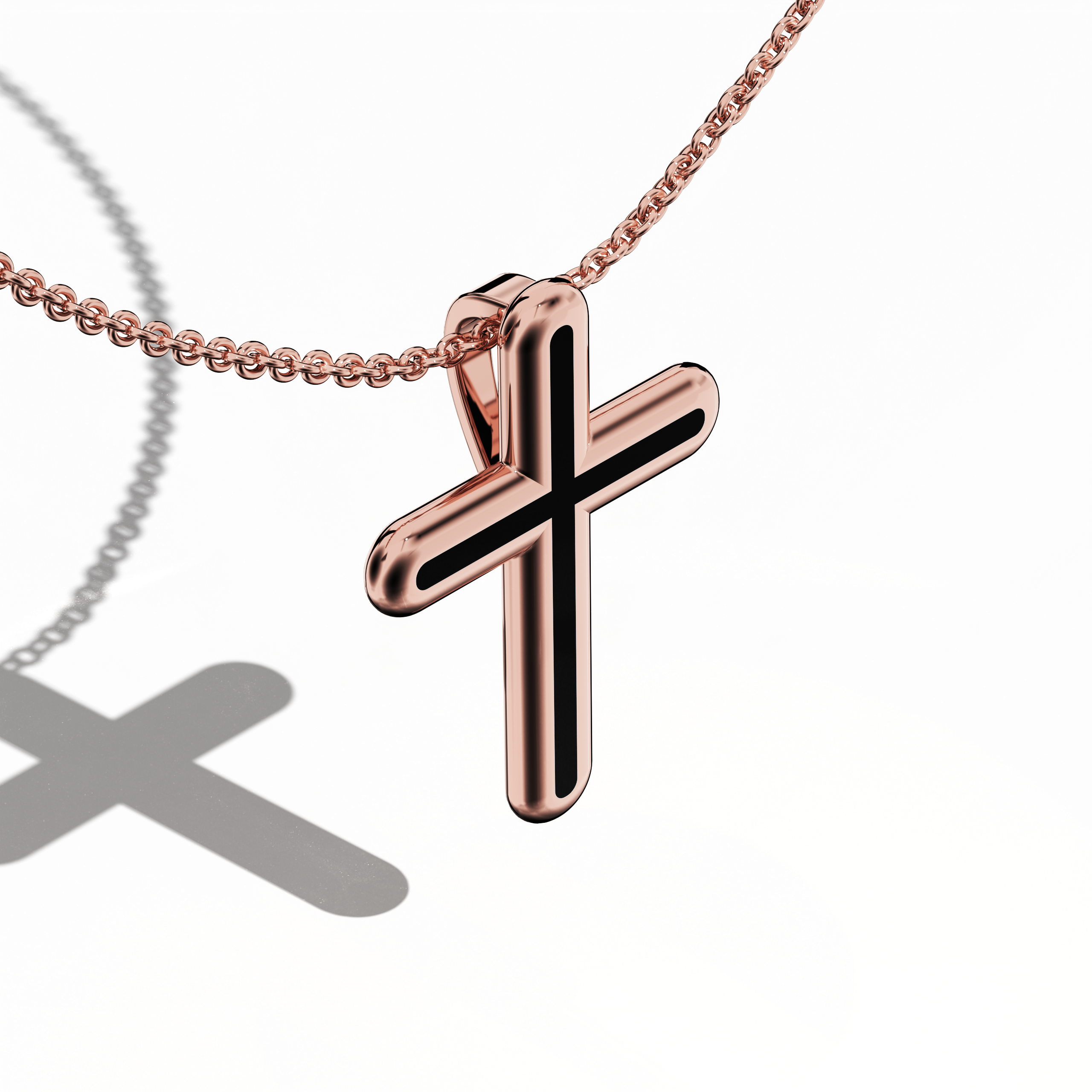 Front top side view of a center enamel cross pendant in radiant rose gold, often described as pink or blush gold. The dark black enamel (sometimes known as ebony or jet) accentuates the multi-step or tri-tier silhouette from this angled perspective. Polished contours reflect a refined interplay of bold color and warm metal, blending heritage with contemporary style. Keywords: enamel cross, rose gold, black enamel, tri-tier design.