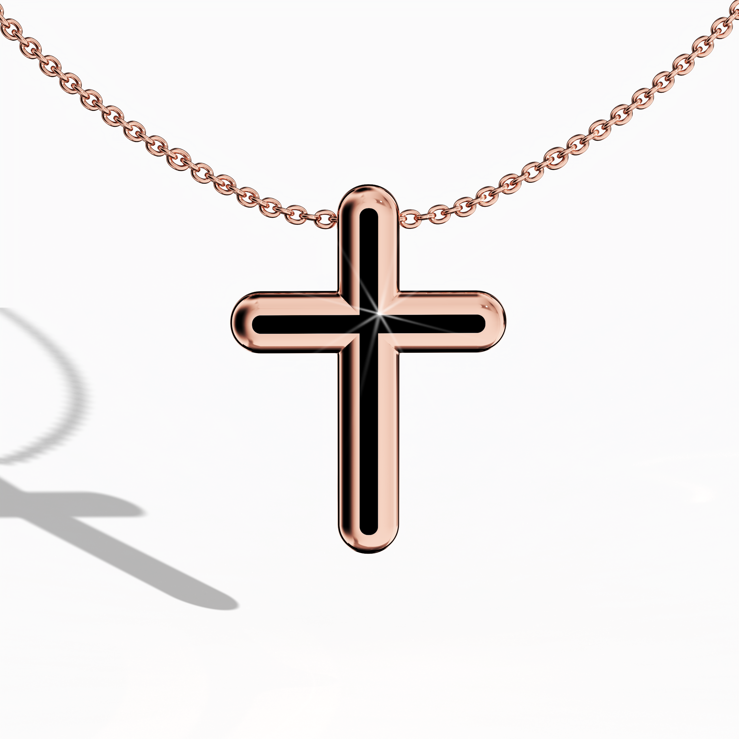Front view of a center enamel cross pendant in warm rose gold, sometimes called pink or blush gold in different regions. The bold black enamel, also referred to as ebony or jet enamel, fills the cross’s core, forming a design some label multi-tier or layered cross. Polished metal and deep contrast fuse traditional symbolism with modern flair. Keywords: enamel cross, rose gold, black enamel, timeless design.