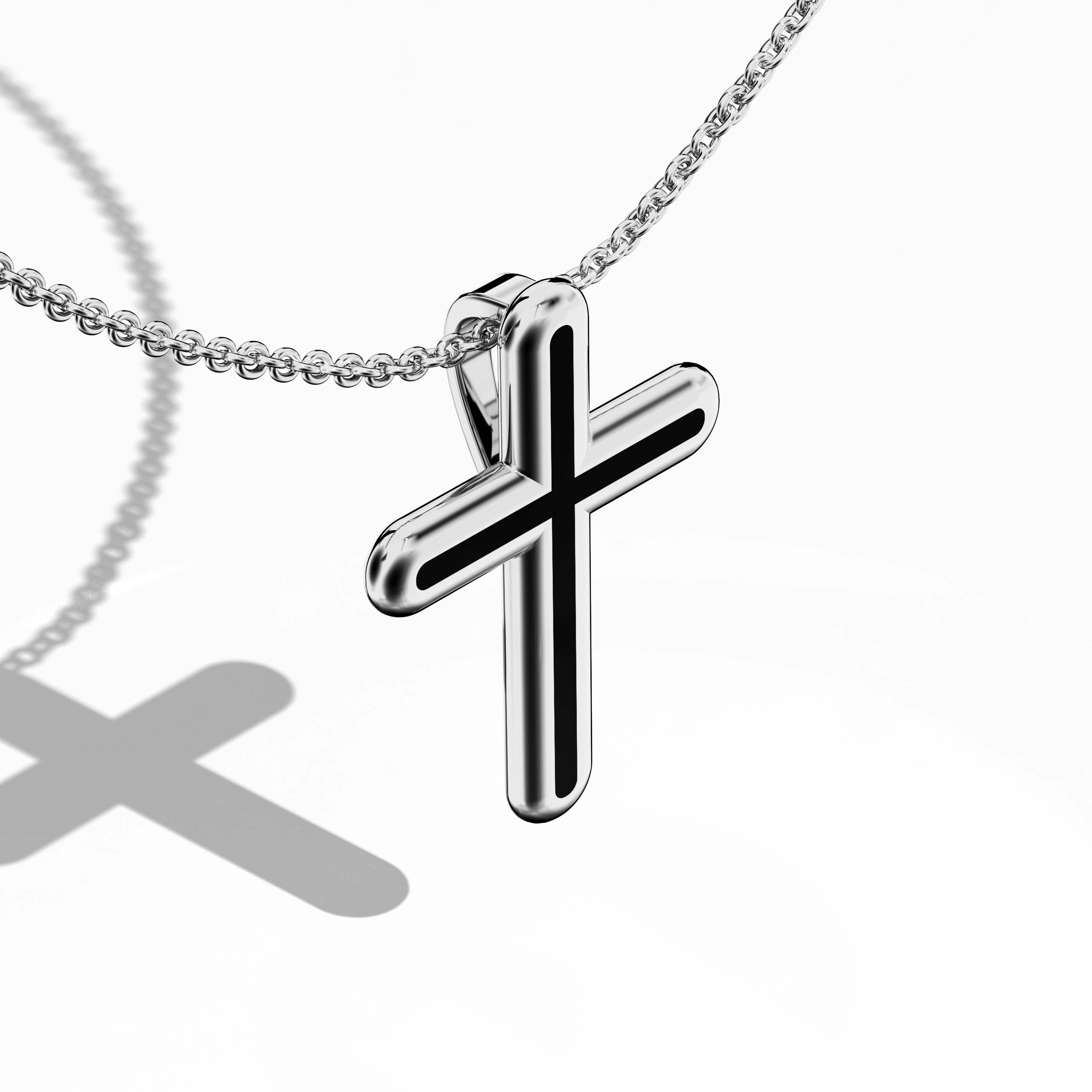 Front top side view of a center enamel cross pendant in radiant white gold, sometimes referred to as pale or silver-hued gold. From this angled vantage, the deep black enamel (often known as ebony or jet) accentuates a multi-step or tri-tier cross silhouette. Polished contours and sharp contrasts highlight both faith-inspired roots and contemporary appeal. Keywords: enamel cross, white gold, black enamel, tri-tier design.