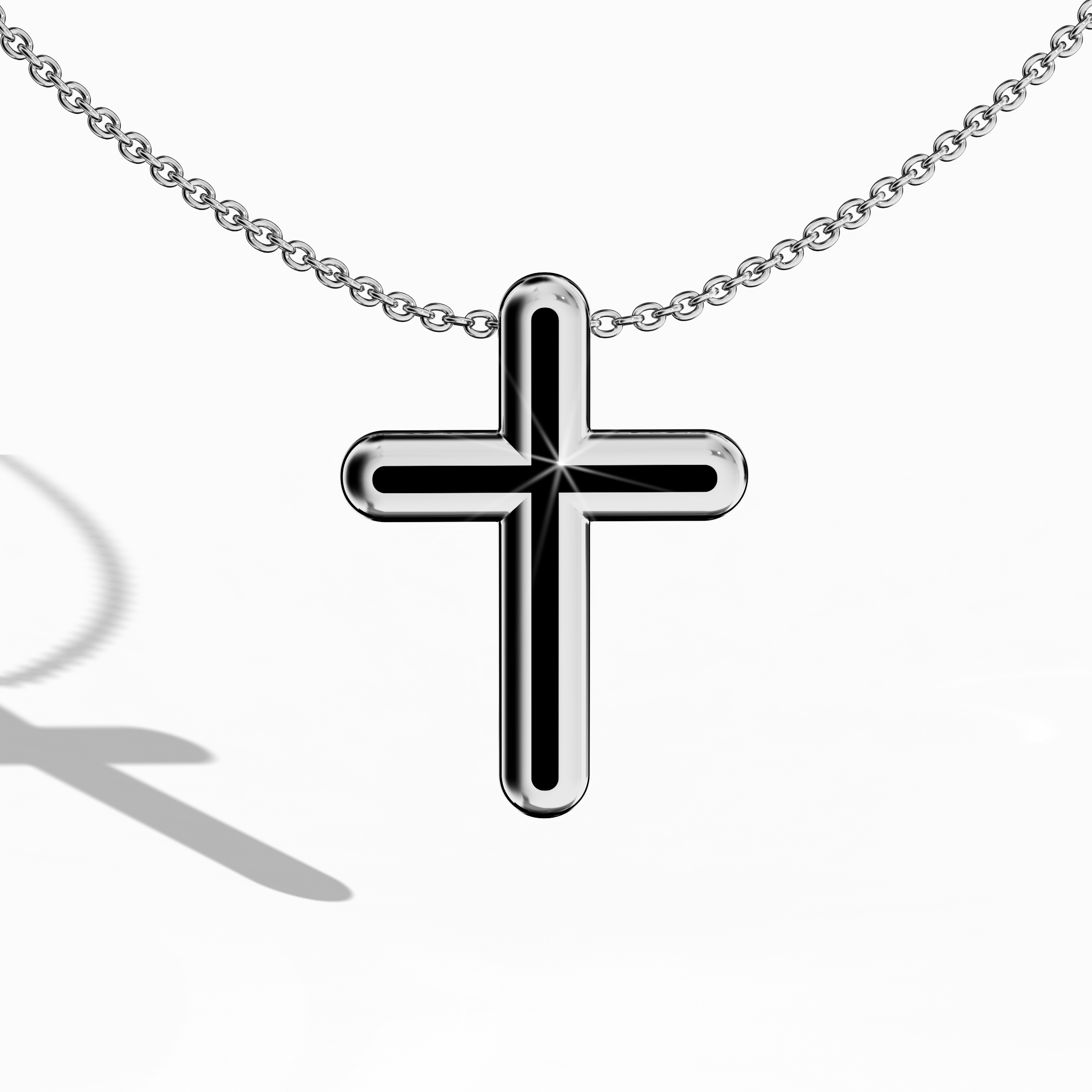 Front view of a center enamel cross pendant in lustrous white gold, sometimes described as pale or silver-toned metal in various regions. The striking black enamel, also called ebony or jet enamel, fills the cross’s center, presenting a design often termed multi-tier or layered cross. Polished edges and dramatic contrast combine spiritual tradition with a sleek, modern touch. Keywords: enamel cross, white gold, black enamel, timeless style.