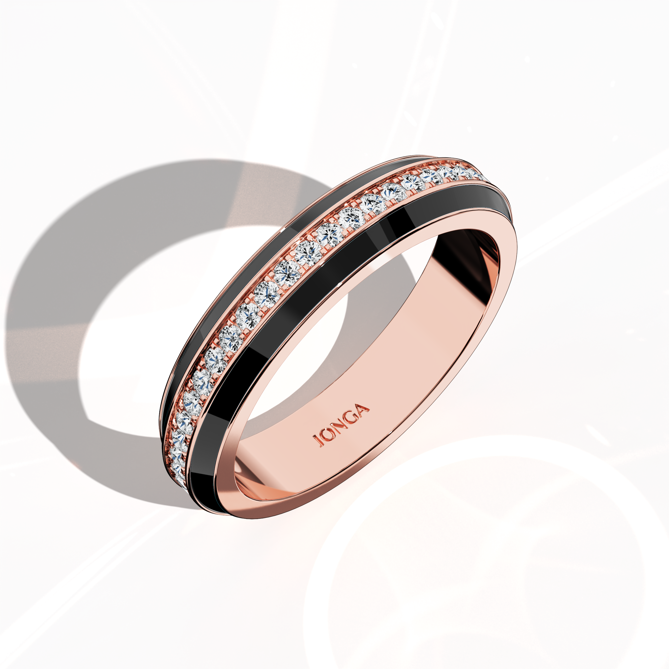 Admire the stunning profile of this rose gold ring enhanced by striking black glossy enamel and a 0.35 carat paved center stone. Viewed from a standing front top side perspective, the elegant pave band—termed Eternity Pave, Pavé Chic, and Carat Pave—showcases intricate pavé detailing that highlights the warm glow of rose gold. The piece combines contemporary elegance with timeless craftsmanship, exuding luxury and refined sophistication.
Keywords: enamel, pave, designer, luxury.