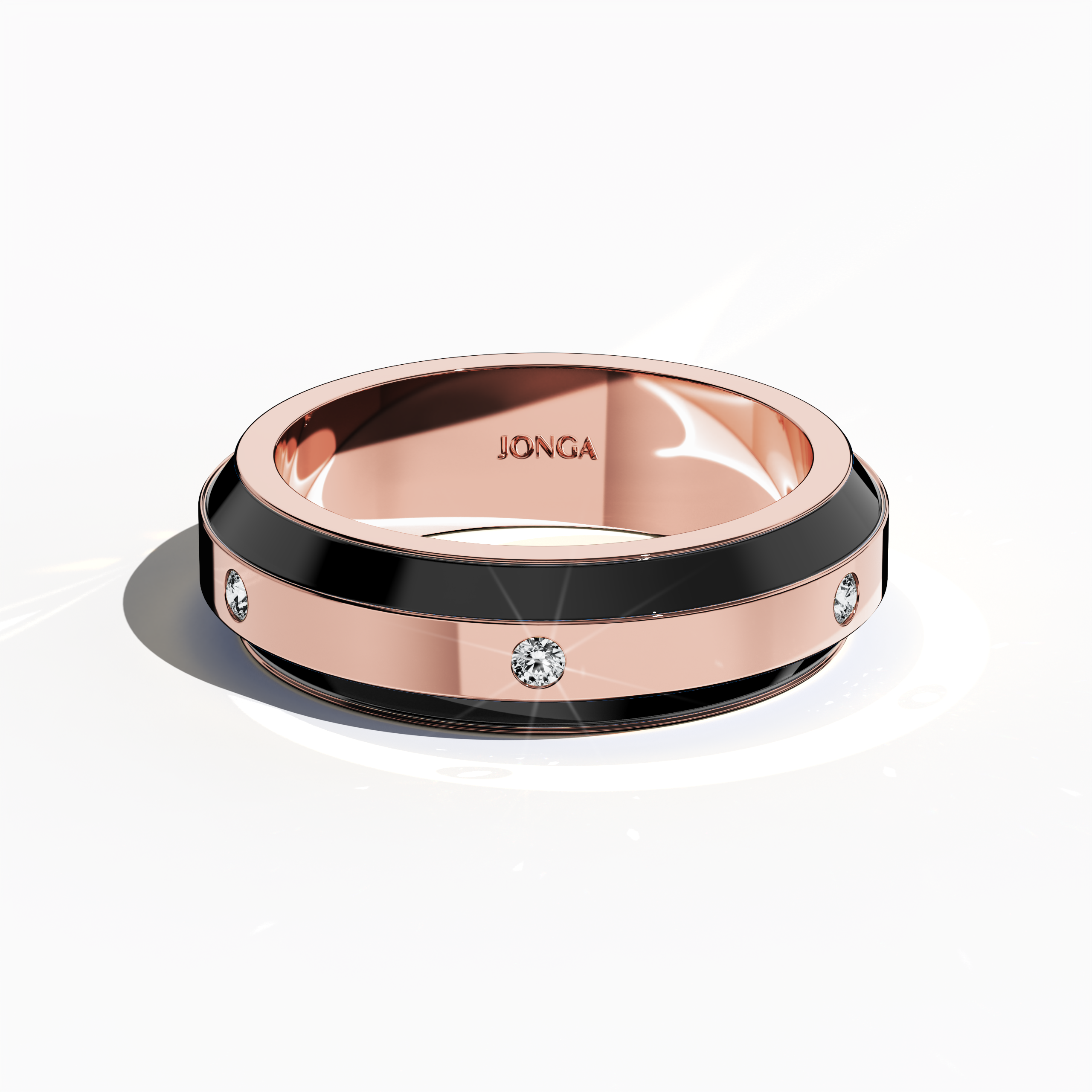 Crafted in rose gold with contrasting black enamel, this six‐diamond ring boasts a glossy finish and a flawless centerline of radiant diamonds (up to 0.20 carats). Also called “Vintage Elegance,” “Gilded Grace,” and “Luminous Legacy,” its design exudes modern sophistication and timeless charm. Captured from a sleeping front top view, the image emphasizes exquisite detailing, refined finish, and keywords: luxury, designer, handcrafted, fine jewelry.