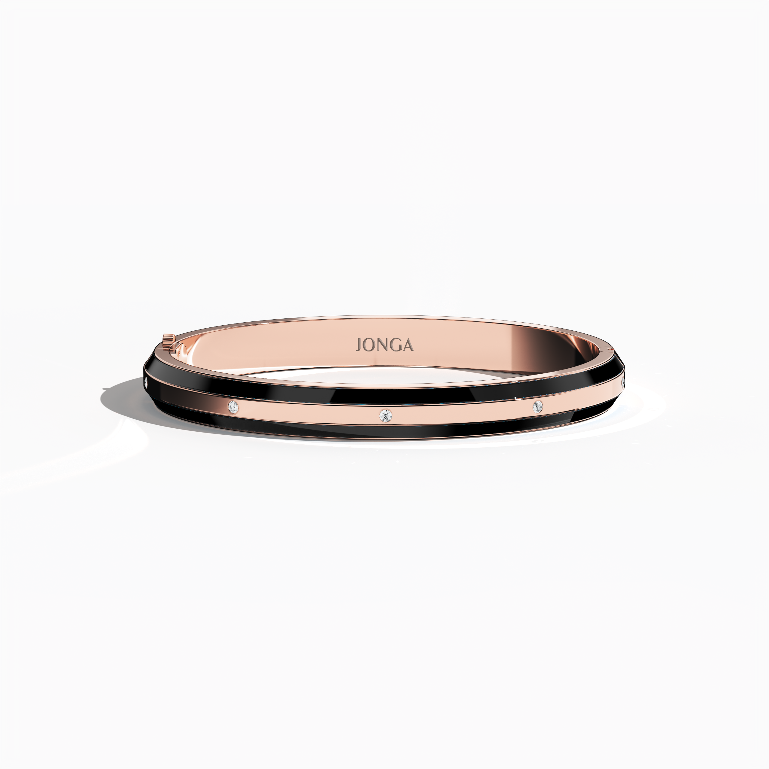 Front top view of a side enamel 9-Diamonds bangle showcasing 0.25 carat total diamond weight in radiant rose gold—sometimes called pink gold, red gold, or blush gold. This versatile piece, also referred to as a diamond-encrusted bracelet, kada, or armlet, sports a bold black enamel edge accentuating nine luminous diamonds. Keywords: diamond bangle, rose gold, black enamel, 9 diamonds, style.