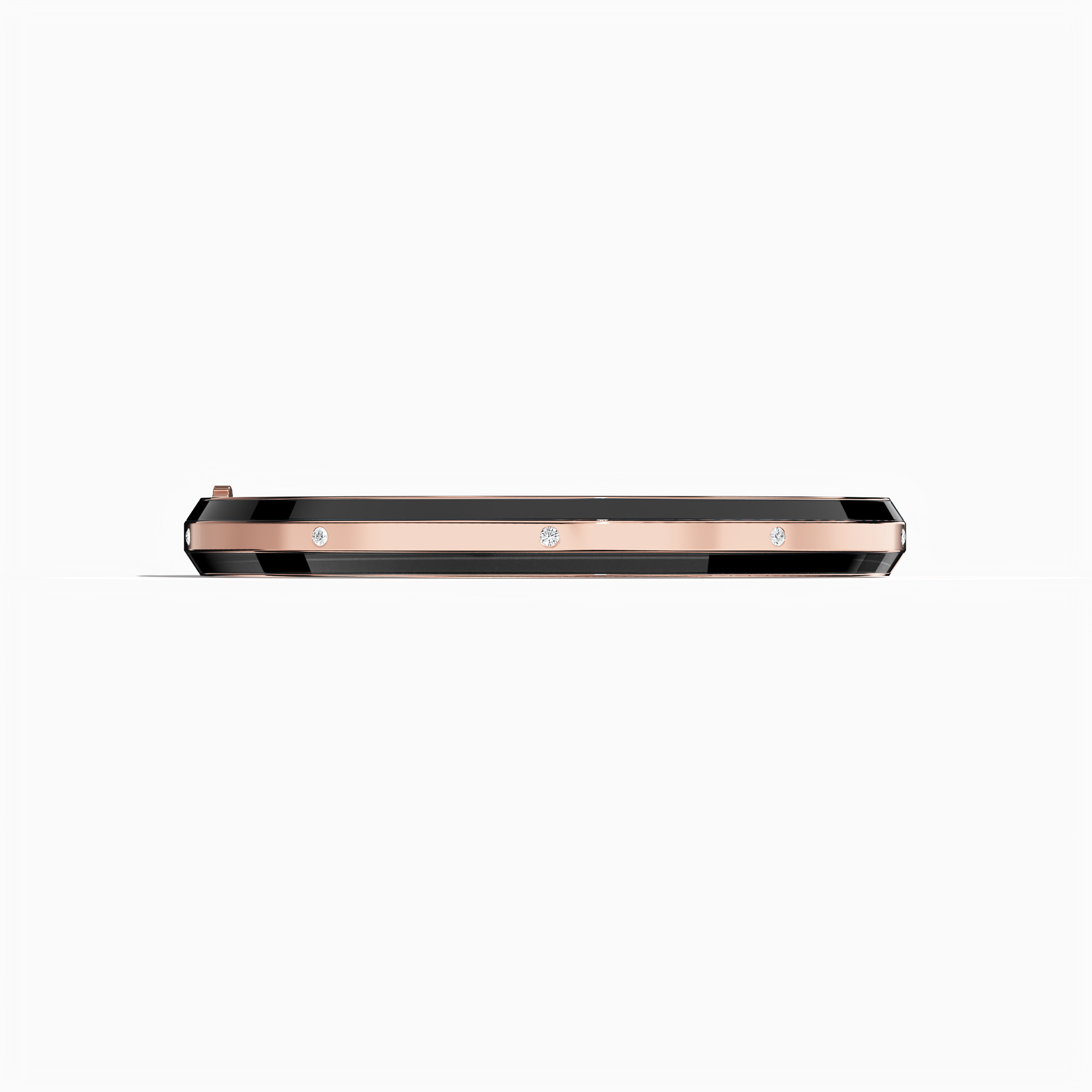 Front view of a side enamel 9-Diamonds bangle with 0.25 carat total diamond weight in luxurious rose gold—also known as pink gold, red gold, or blush gold. Often termed a diamond-encrusted bracelet, kada, or armlet, it features a sleek black enamel strip highlighting nine sparkling diamonds. Keywords: diamond bangle, rose gold, black enamel, 9 diamonds, unisex.