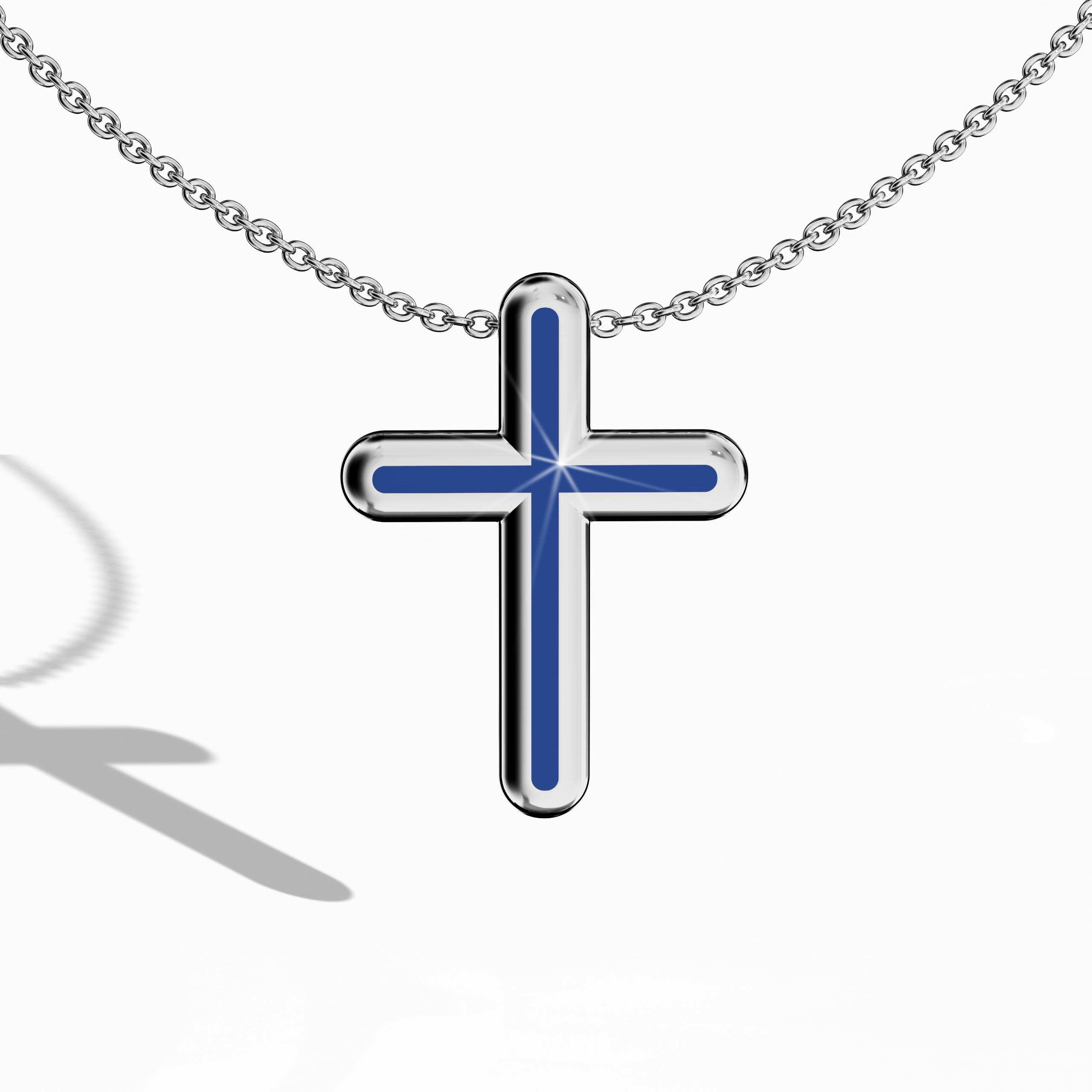 Front view of a center enamel cross pendant in luminous white gold, sometimes called pale or silver-hued metal in various regions. The bold blue enamel, also known as cobalt or azure enamel, fills the cross’s core, showcasing a design often called multi-tier or layered cross. Polished edges and vibrant color blend modern flair with timeless symbolism. Keywords: enamel cross, white gold, blue enamel, iconic design.