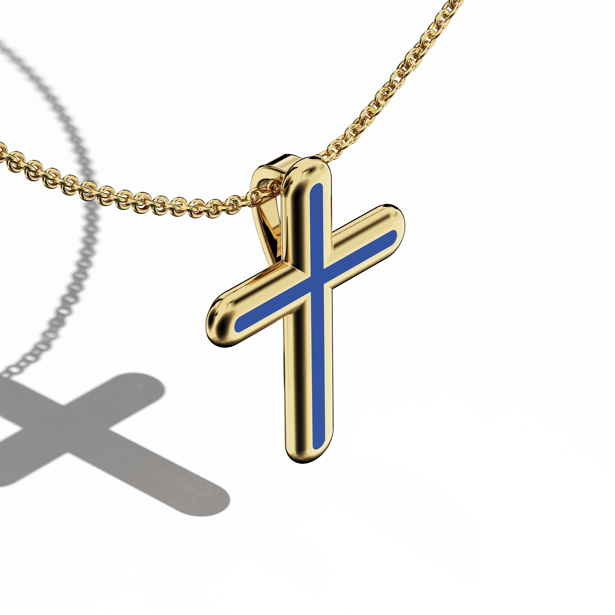 Front top side view of a center enamel cross pendant in radiant yellow gold, occasionally referred to as traditional or golden-toned metal. The bold blue enamel (sometimes labeled cobalt or azure) highlights the multi-step or tri-tier cross structure from this angled perspective. Polished edges accentuate a sophisticated balance of vibrant hue and warm metal. Keywords: enamel cross, yellow gold, blue enamel, tri-tier design.