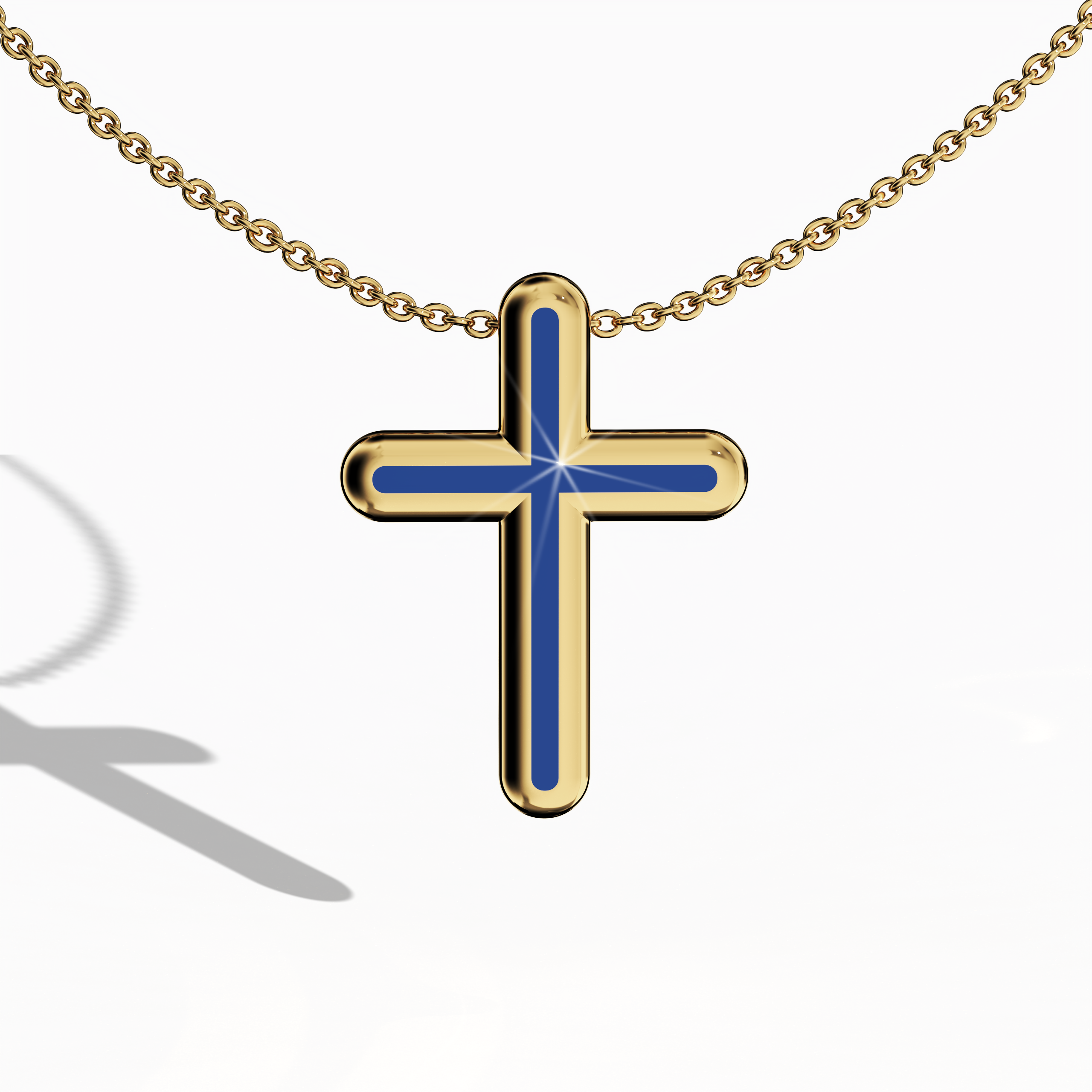 Front view of a center enamel cross pendant in classic yellow gold, sometimes described as traditional or golden-hued metal. The vivid blue enamel, also known as cobalt or azure enamel, fills a design some call multi-tier or layered cross. Its polished finish and striking color evoke a fusion of enduring faith and modern appeal. Keywords: enamel cross, yellow gold, blue enamel, iconic design.