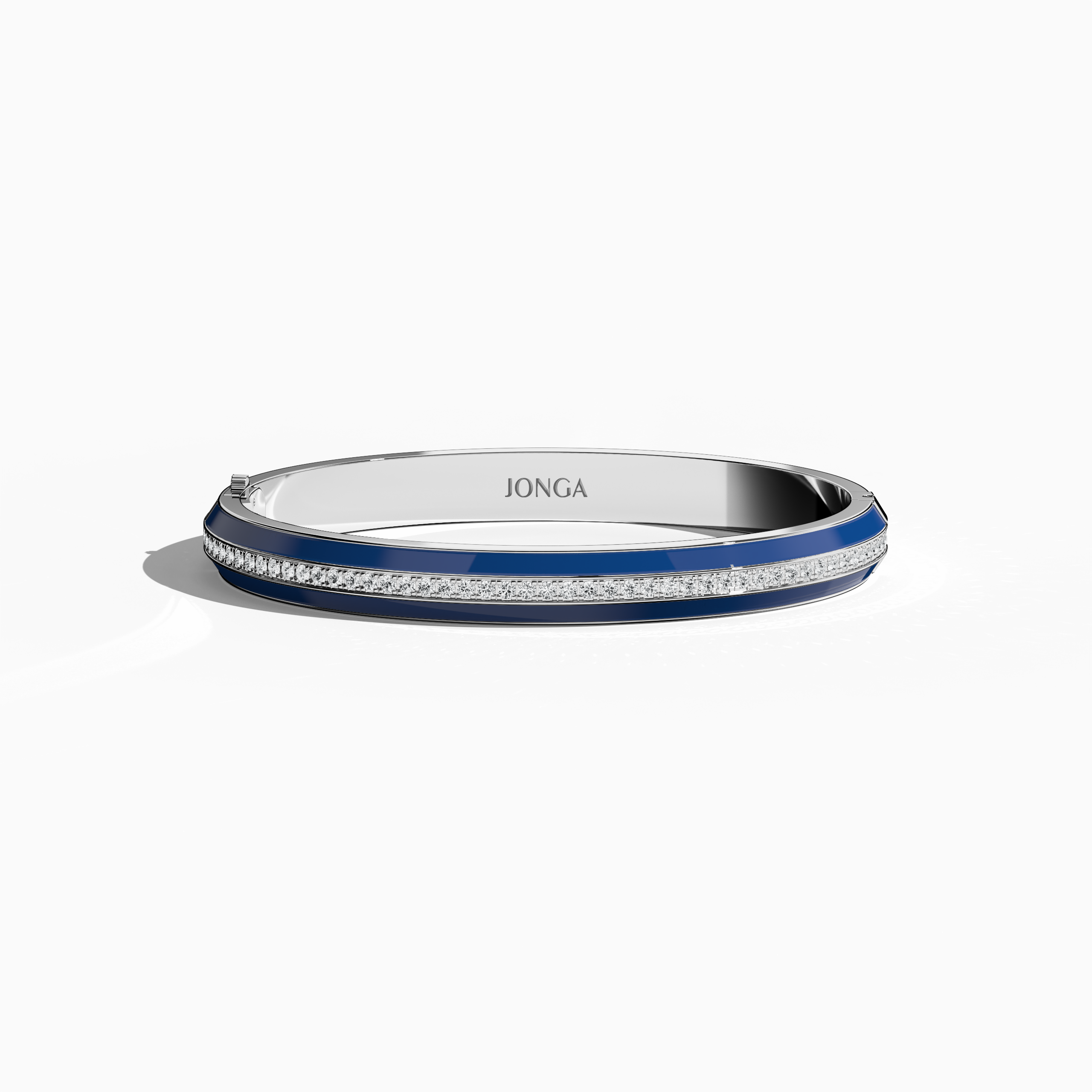 Front top view showcasing a side enamel center paved bangle in white gold (sometimes named pale gold), accentuated by a rich blue enamel stripe. Adorned with 2.60 carats of diamonds in a lustrous pavé arrangement, this refined piece—called bracelet, armlet, kangan, or pulsera—reflects a modern motif. The graceful silhouette unites vibrant enamel with radiant metal. Keywords: bangle, enamel, diamonds, white gold.