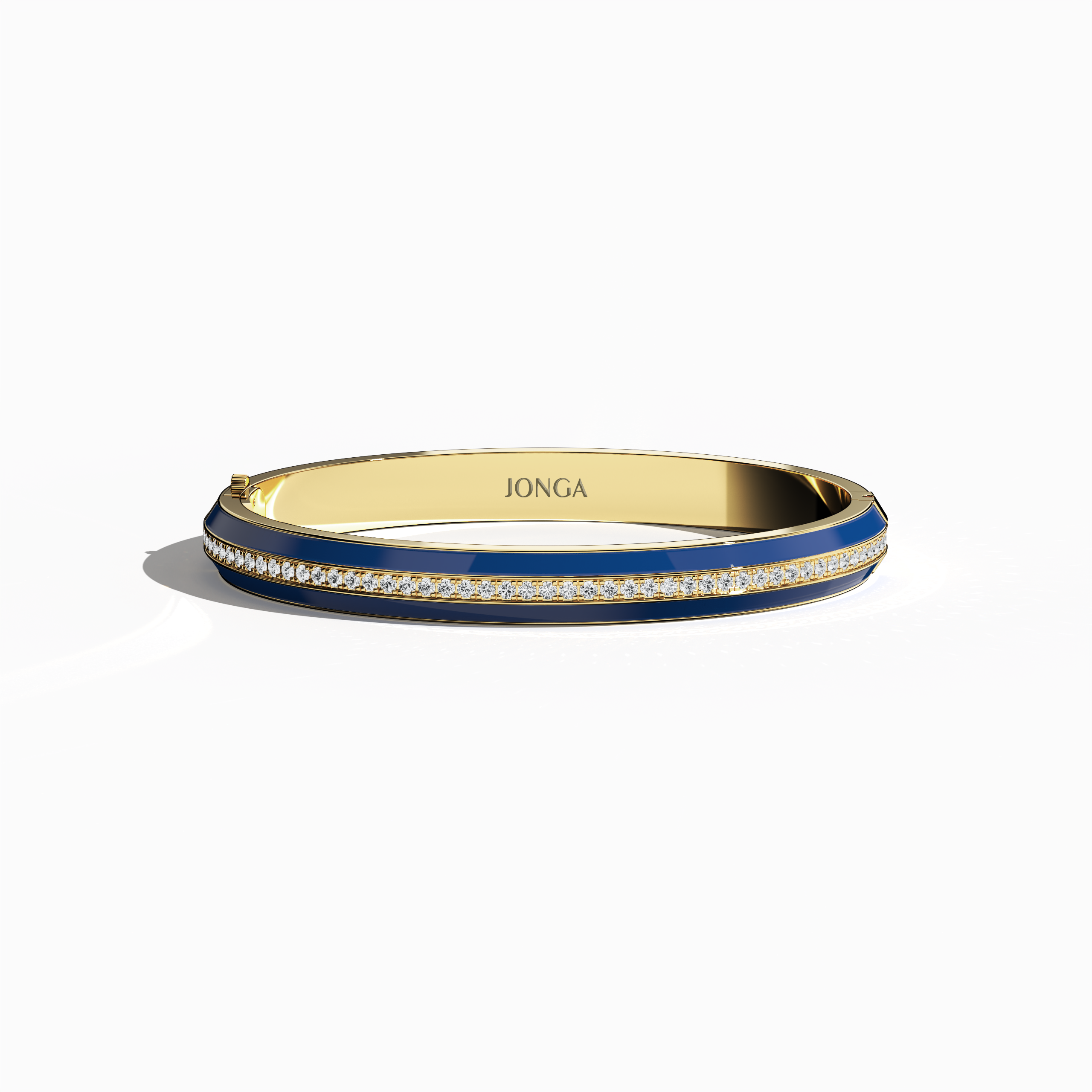 Front top view of a side enamel center paved bangle in yellow gold (sometimes called oro), showcasing a bold blue enamel stripe. This 2.60-carat diamond ornament—termed bracelet, armlet, kangan, or pulsera—combines luminous pavé diamonds with a striking enamel accent. Its streamlined form and warm gold hue present a refined yet vibrant aesthetic. Keywords: bangle, enamel, diamonds, yellow gold.