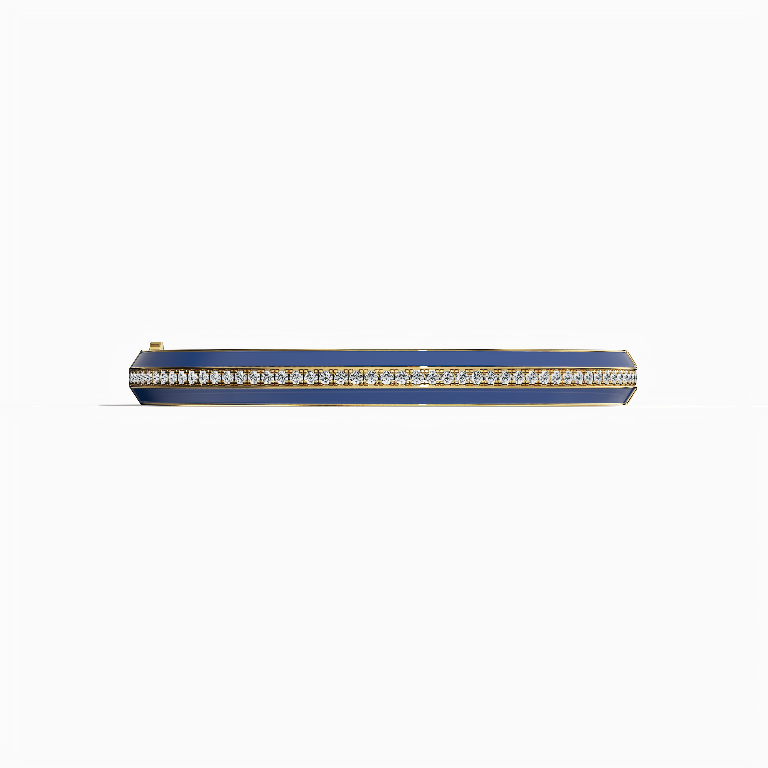 Front view of a side enamel center paved bangle in yellow gold (also described as classic gold), featuring a vivid blue enamel band. Accented by 2.60 carats of diamonds in a pavé setting, this piece—also known as bracelet, armlet, kangan, or pulsera—balances timeless charm with contemporary flair. The bright metal and striking enamel create a captivating design for any occasion. Keywords: bangle, enamel, diamonds, yellow gold.